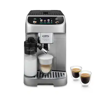 A DeLonghi MAGNIFICA PLUS coffee maker with a creamer and cups of coffee.