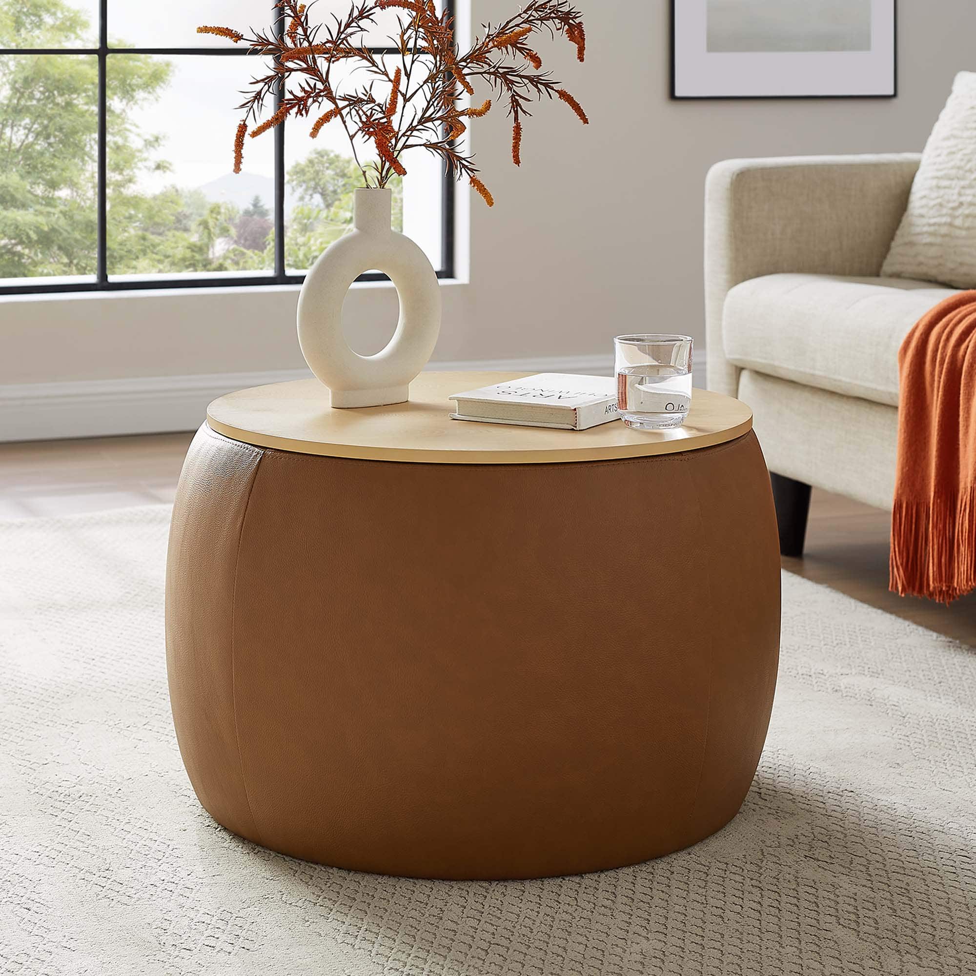 Perla Round Vegan Leather Storage Ottoman by Modway - Tan