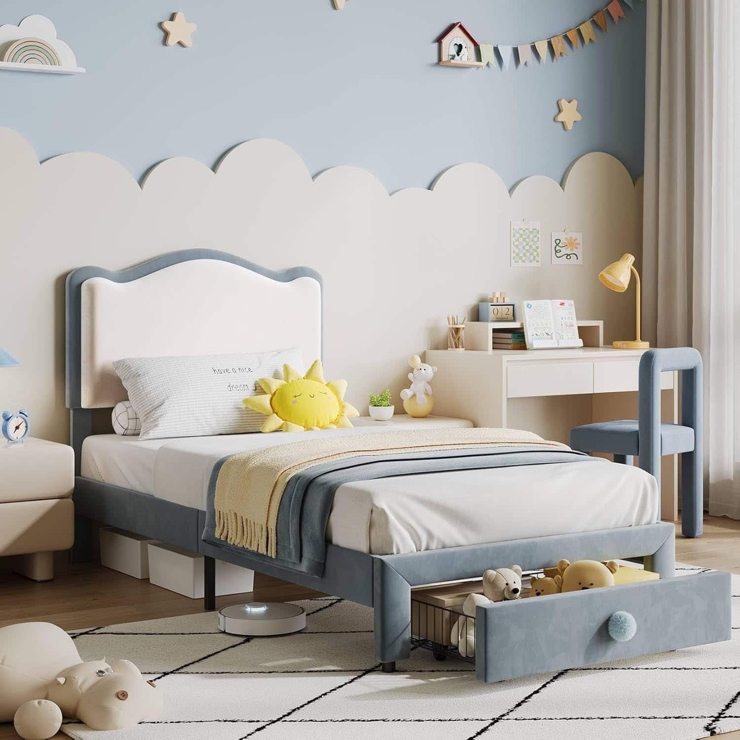 GARVEE - Twin Upholstered Bed Frame with 2 Storage Drawers, Velvet Princess, No Box Spring, Blue/White - Blue and White Twin