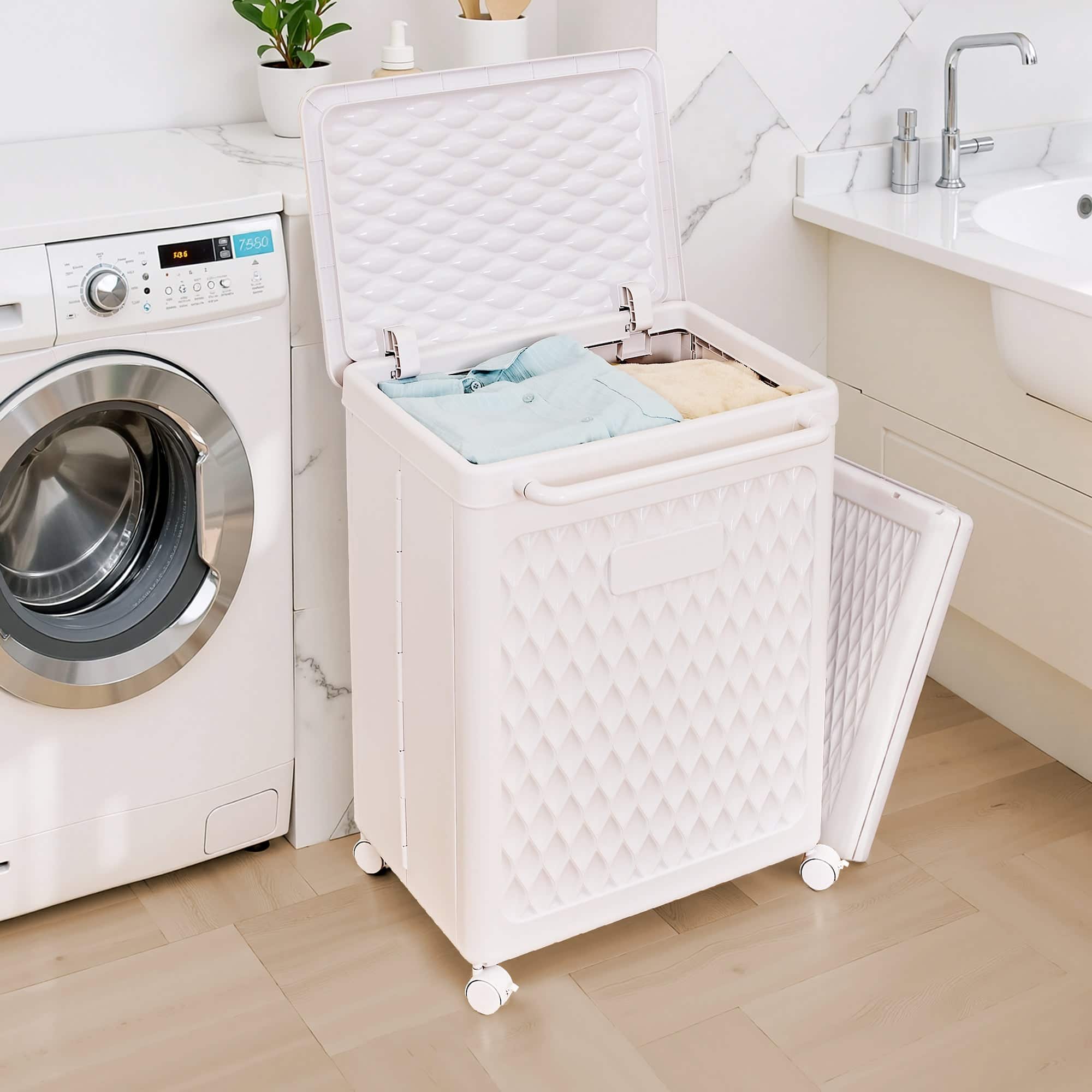 Vecelo - Laundry Hamper With Wheels & Lid-Storage Basket, Lockable Casters For Home Closet Organizer,13.78" x 19.29" x 25" - White