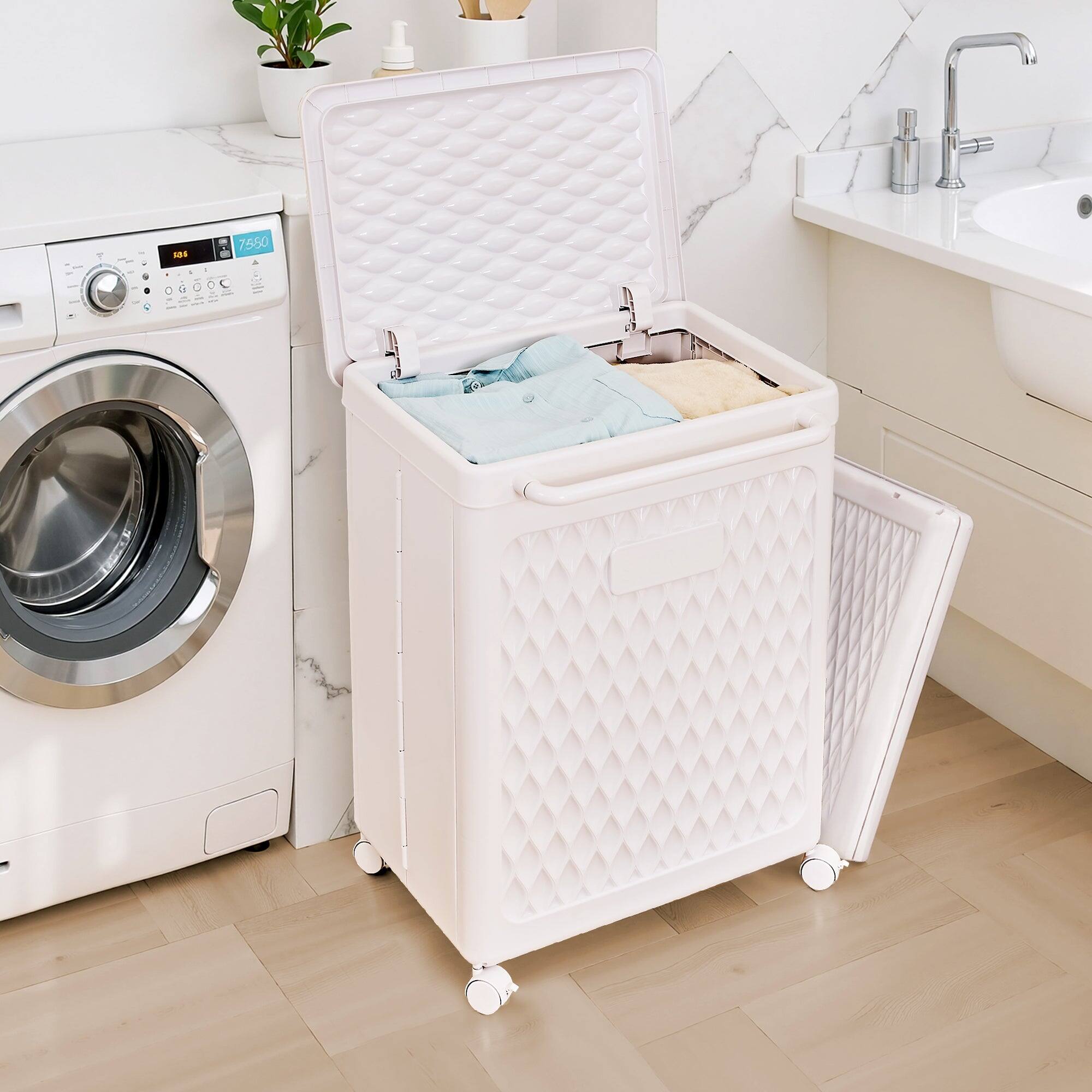 Vecelo - Laundry Hamper With Wheels & Lid-Storage Basket, Lockable Casters For Home Closet Organizer,13.78" x 19.29" x 25" - White