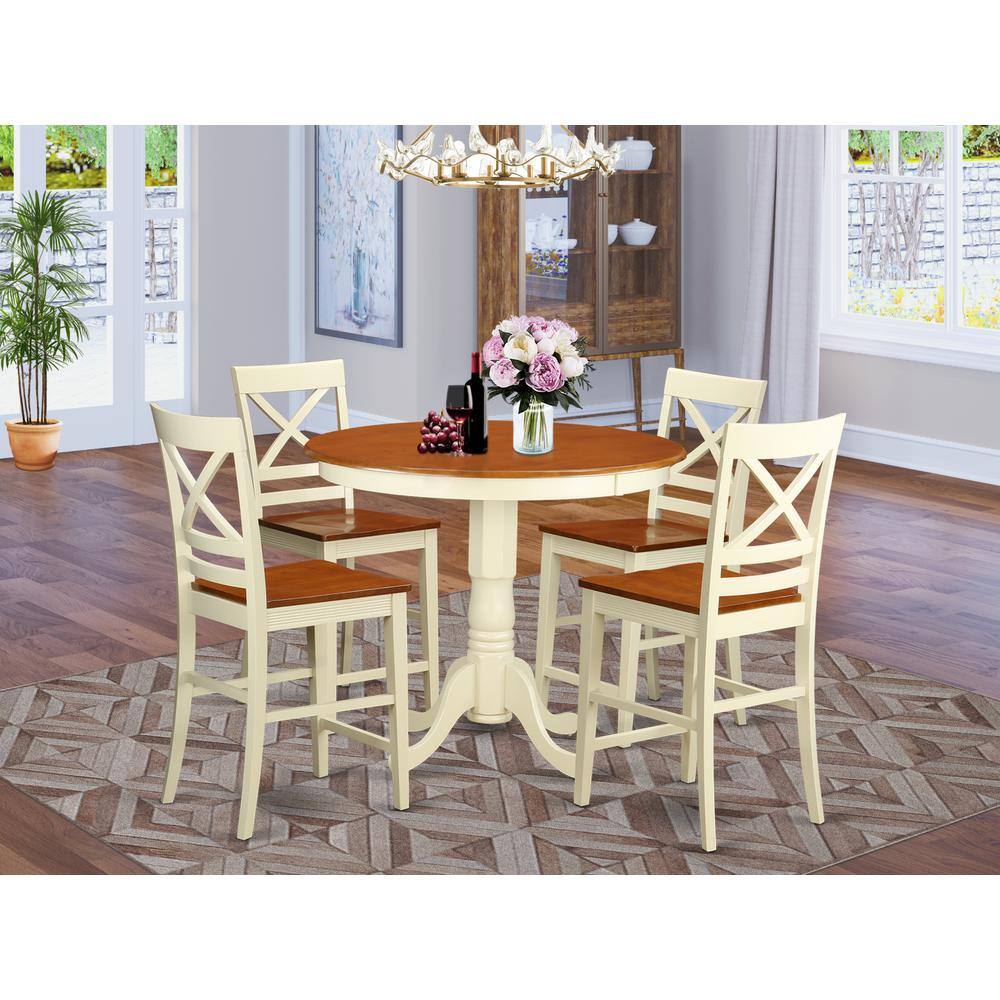 Back. East West Furniture - 5 Pc counter height Dining room set-pub Table and 4 counter height Chairs - Buttermilk & Cherry.