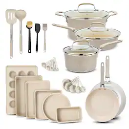 Bakken- Swiss - Pots and Pans Set Non Stick Ceramic, 23-Piece Cookware & Bakeware Sets with Plaid Pattern, Stackable Design, Dishwasher - White Marble