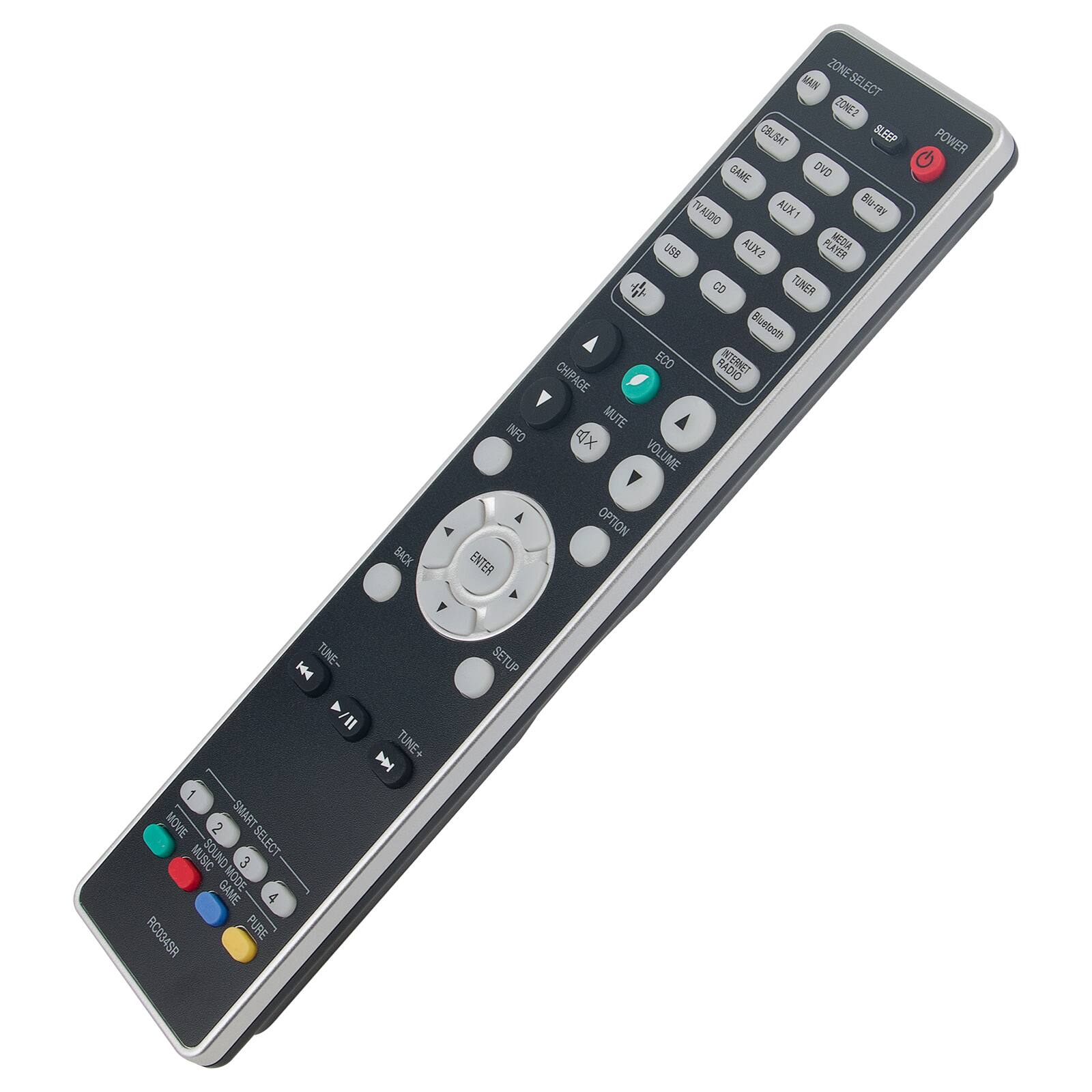 - BACK
- INFO
- ENTER
- KXN
- ZONE SELECT
- ZONE2
- CBLBAT
- BLEEP
- POWER
- DVD
- GAME
- TVALDIO
- AUX1
- Blu-ray
- UE
- AK2
- PLAYER
- MEDIA
- CO
- TONER
- Bluenouth
- EDO
- RADIO
- CHIPAGE
- MUTE
- X
- VOLUME
- OPTION
- Y
- TUNE-
- I
- TUNE+
- I
- MOVIE
- 2
- SMART SELECT
- SMART SELECT
- SEL
- MUSIC
- SOUND
- 3
- GAME MODE
- 4
- RC034SR
- PURE
- SETUP

- MAIN
- ZONE SELECT
- ZONE2
- SLEEP
- POWER
- CBLSAT
- GAME
- DVD
- Blu-ray
- USB
- AUX1
- AUX2
- TUNER
- CD
- Bluetooth
- NETWORK PROD
- COMPARE
- MUTE
- VOLUME
- OPTION
- TUNE-
-