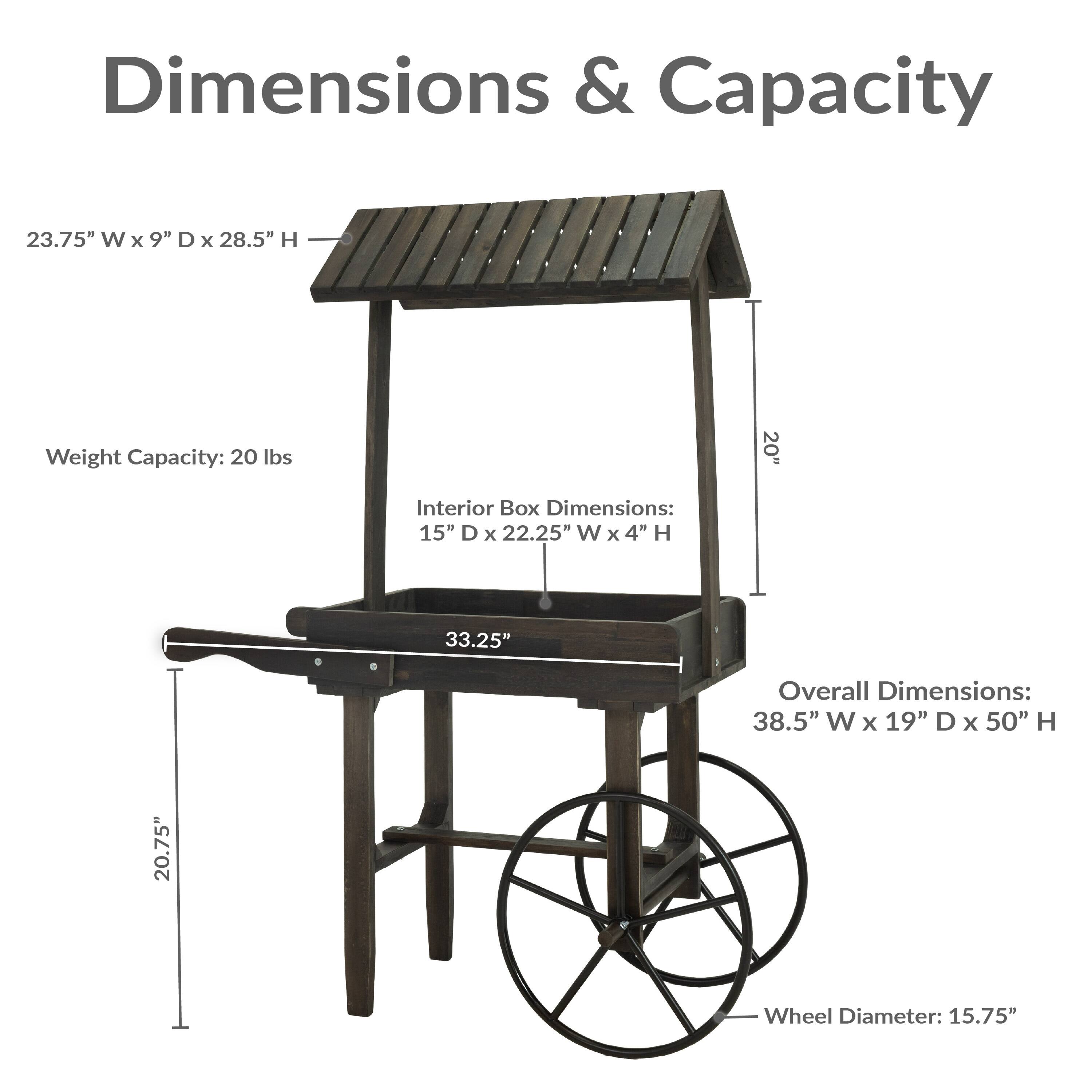 Dimensions & Capacity

- 23.75" W x 9" D x 28.5" H
- Weight Capacity: 20 lbs
- Interior Box Dimensions: 15" D x 22.25" W x 4" H
- Overall Dimensions: 38.5" W x 19" D x 50" H
- Wheel Diameter: 15.75"