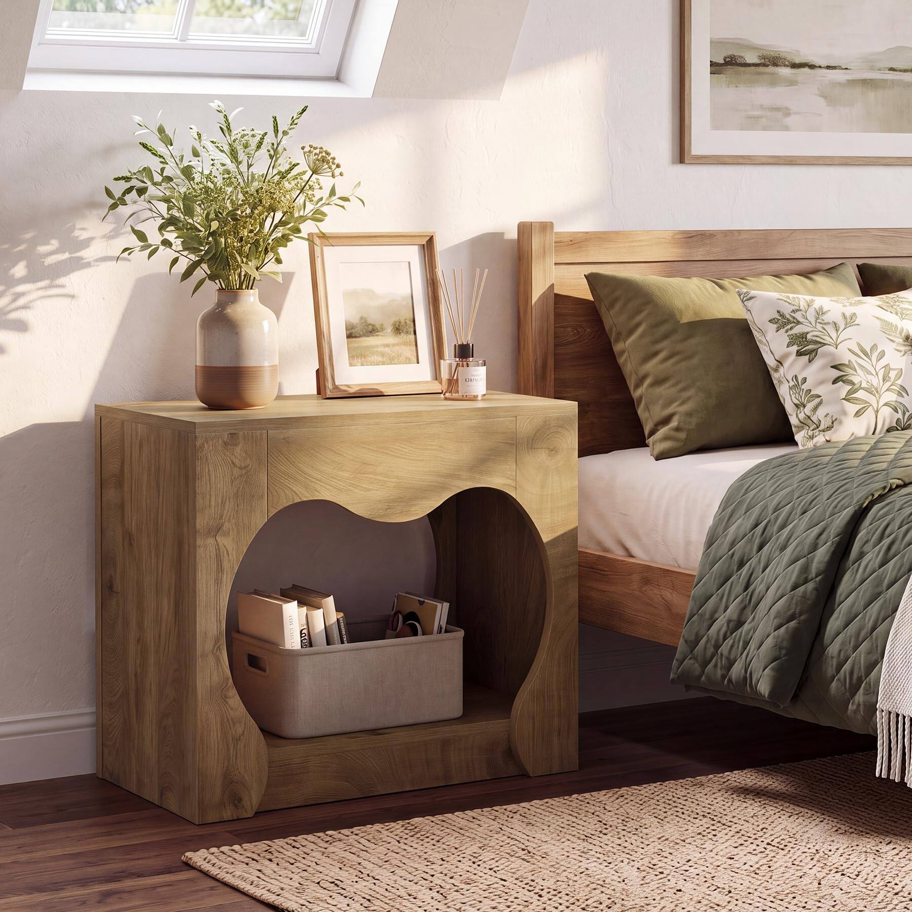 Back. Tribesigns - Wood End Table, 2-Tier Farmhouse Side Table with Storage Shelves - Natural Brown.