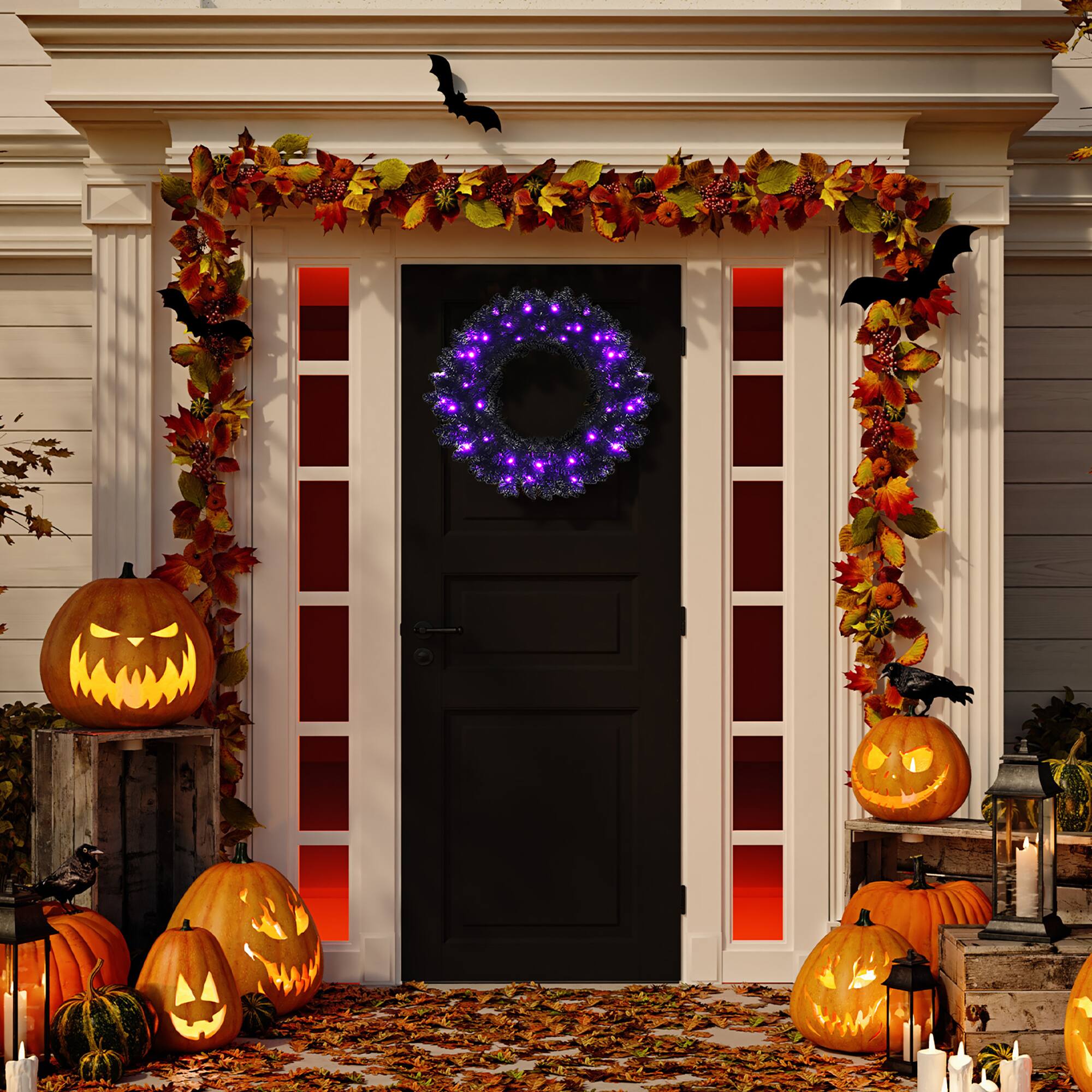 Alt View 12. Costway - 24inch Pre-lit Christmas Halloween Wreath w/ 35 Purple LED Lights - Black.