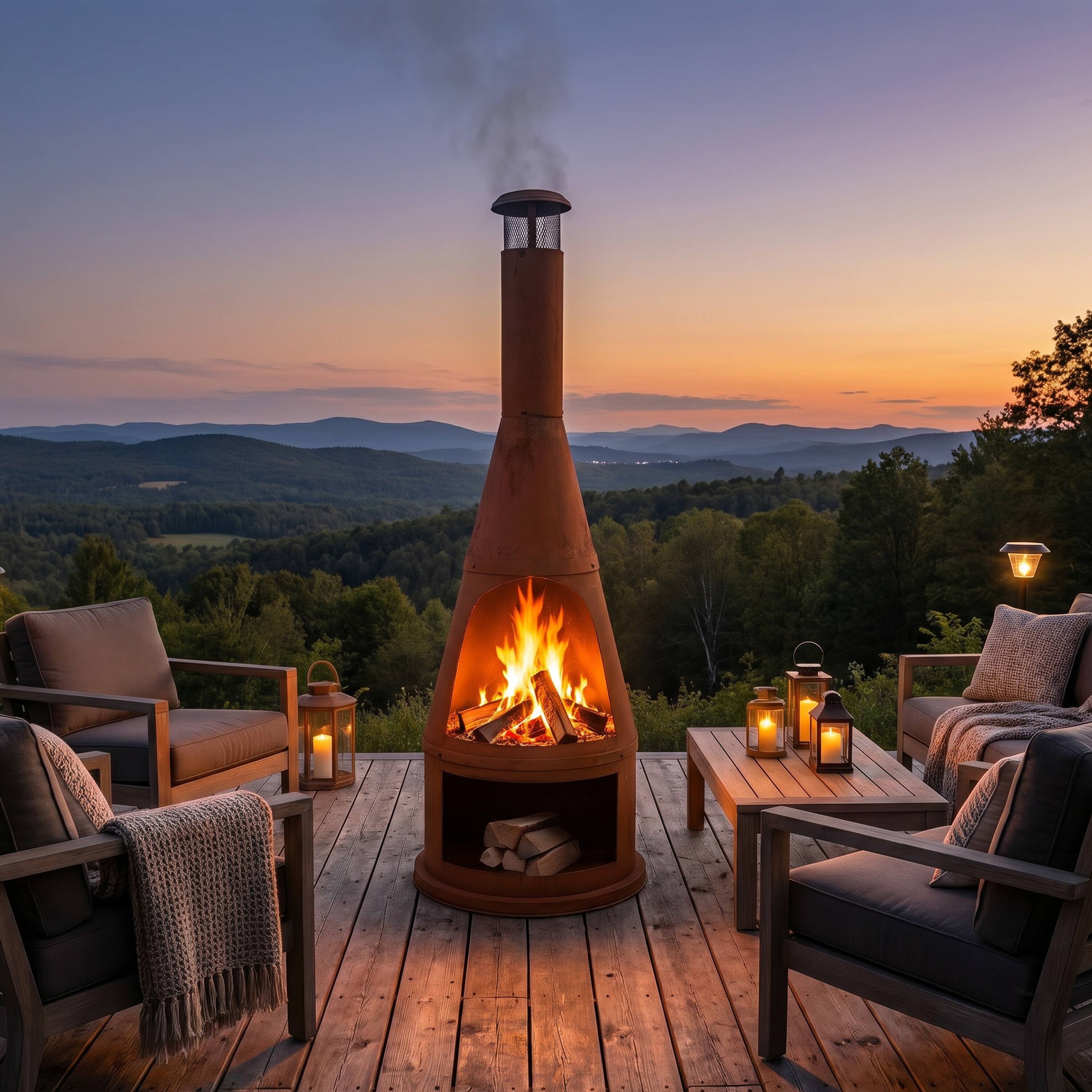 Alt View 2. Sunnydaze - 70" H Steel Chiminea with Log Holder - Orange.
