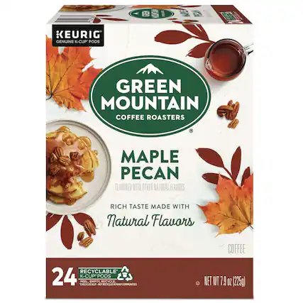 KEURIG GENUINE K-CUP PODS
GREEN MOUNTAIN COFFEE ROASTERS
MAPLE PECAN
FLAVORED WITH OTHER NATURAL FLAVORS
RICH TASTE MADE WITH NATURAL FLAVORS
RECYCLABLE 24 K-CUP PODS
PEEL, EMPTY, RECYCLE
CHECK LOCALLY - NOT RECYCLED IN MANY COMMUNITIES
NET WT 7.9 OZ (225g)