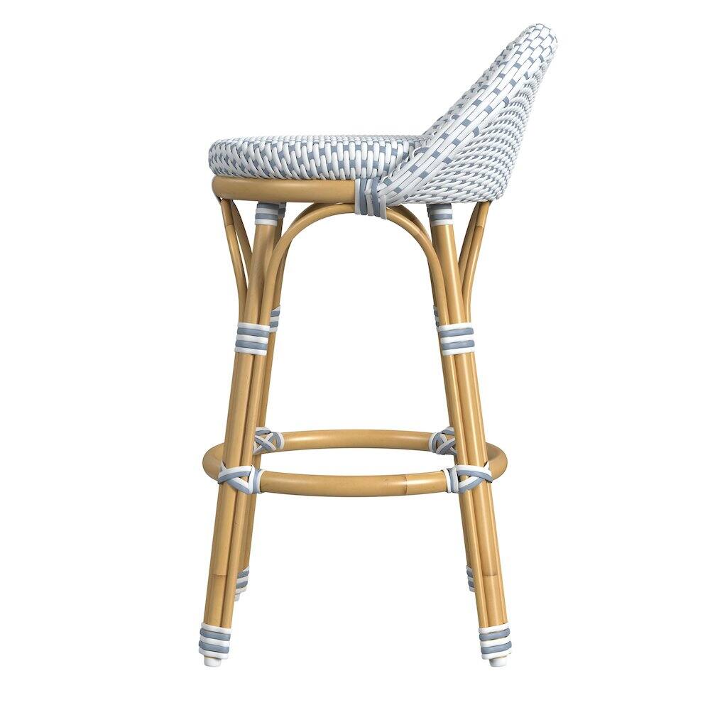 Left. Butler Specialty - Tobias 24.5 in. Seat Height Outdoor Rattan and Metal Low Back Counter Stool - White And Sky Blue Dot.