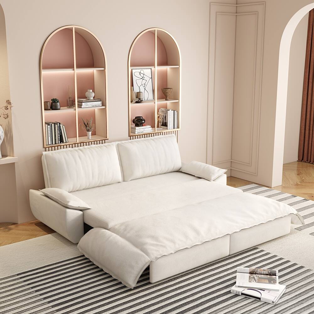 Angle. JUJABU - 73.2" Queen Pull Out Sofa Bed, 3-in-1 Convertible Sleeper Sofa, Beige Velvet Loveseat Bed - Beige.