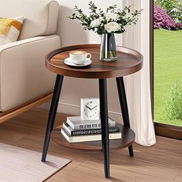 Empire DigiLabs - Round Side Table 2-tier Mid Century Modern End For Living Room Metal Frames - Brown
