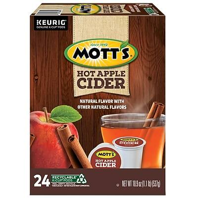 KEURIG GENUINE K-CUP PODS

MOTT'S
HOT APPLE CIDER
NATURAL FLAVOR WITH OTHER NATURAL FLAVORS

SINCE 1842

RECYCLABLE
24 K-CUP PODS

MOTT'S HOT APPLE CIDER
NET WT 18.9 OZ (1.1 LB) (537g)