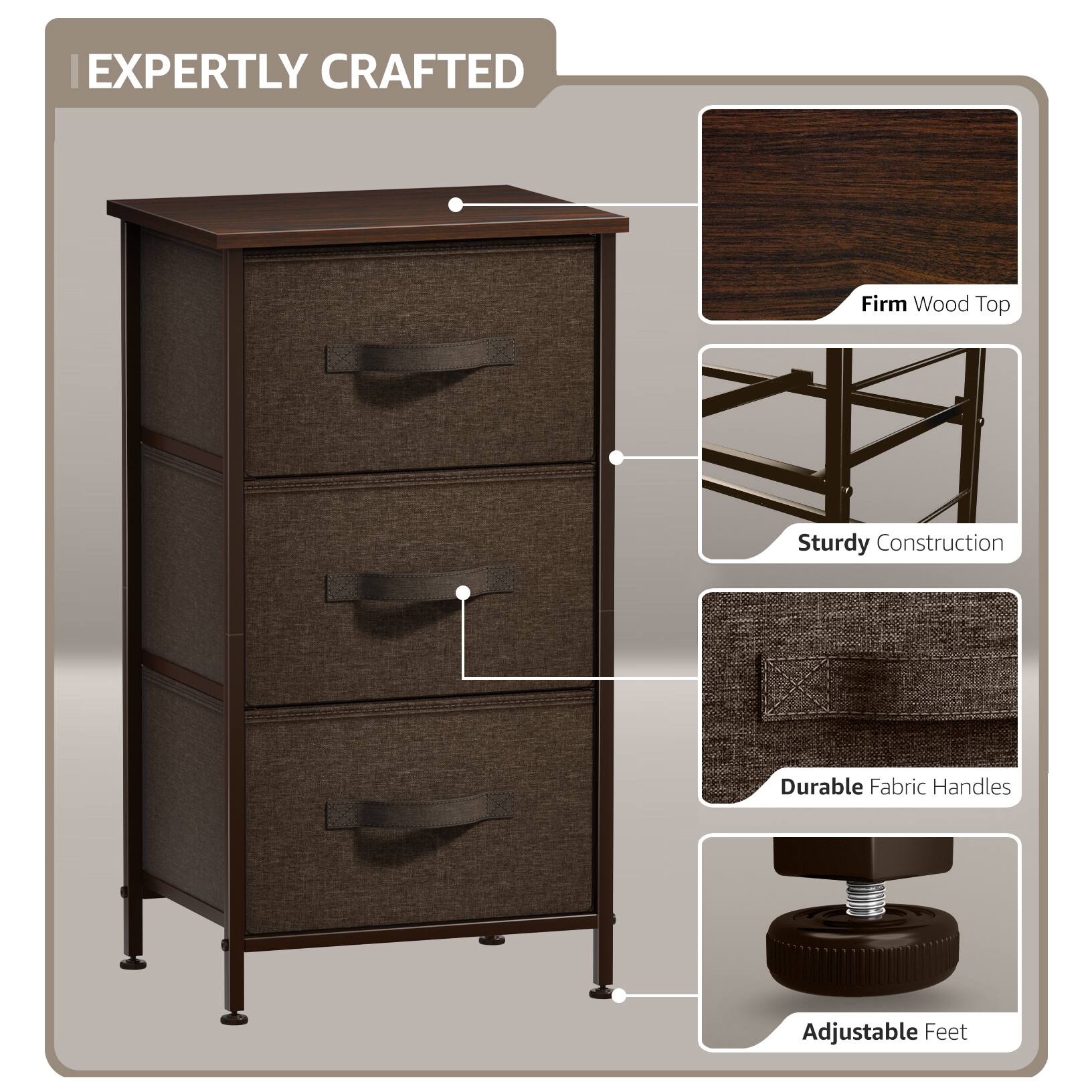 EXPERTLY CRAFTED

- Firm Wood Top
- Sturdy Construction
- Durable Fabric Handles
- Adjustable Feet