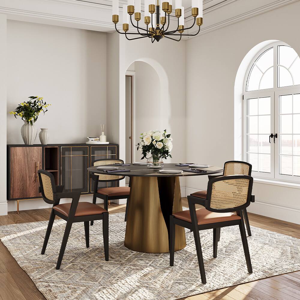 Left. POVISON - 47" Modern Black Round Dining Table for 4, Matte Sintered Stone Tabletop, Bronze Carbon Steel Base - Matte Black Sintered Stone & Bronze Steel Base.