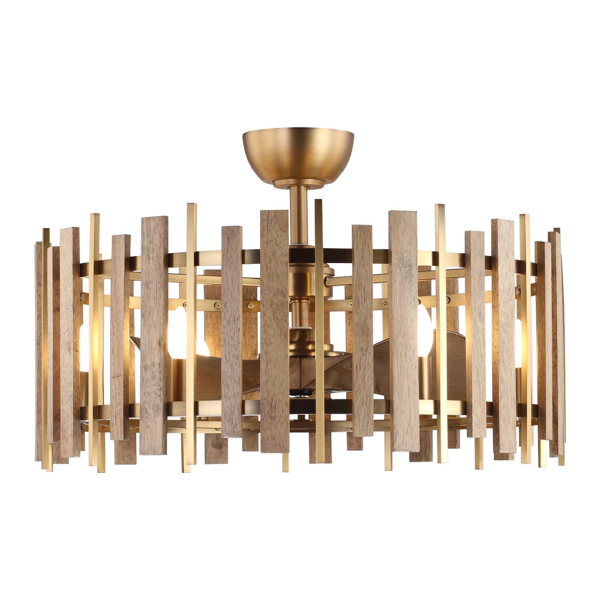 Alt View 5. Perimost - 30" Gold Farmhouse Handmade Wood Shade Fandelier Ceiling Fan with Remote and DC Reversible Motor - Gold.