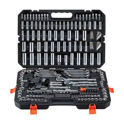 Front. VEVOR - Mechanics Tool Set, 253-Piece Mechanic Tool Kit, 1/4 in, 3/8 in, and 1/2 in Drive, SAE and Metric Socket Set, Wrenches - Black.