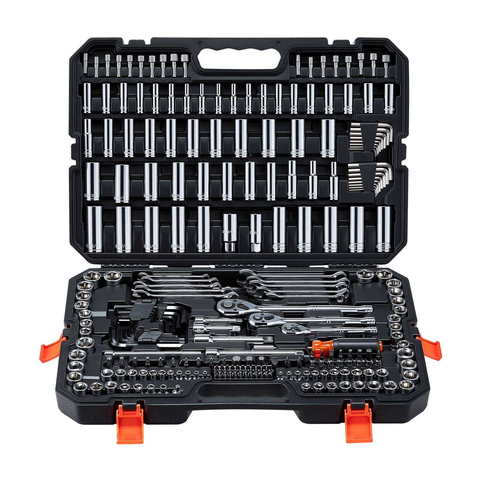 Front. VEVOR - Mechanics Tool Set, 253-Piece Mechanic Tool Kit, 1/4 in, 3/8 in, and 1/2 in Drive, SAE and Metric Socket Set, Wrenches - Black.
