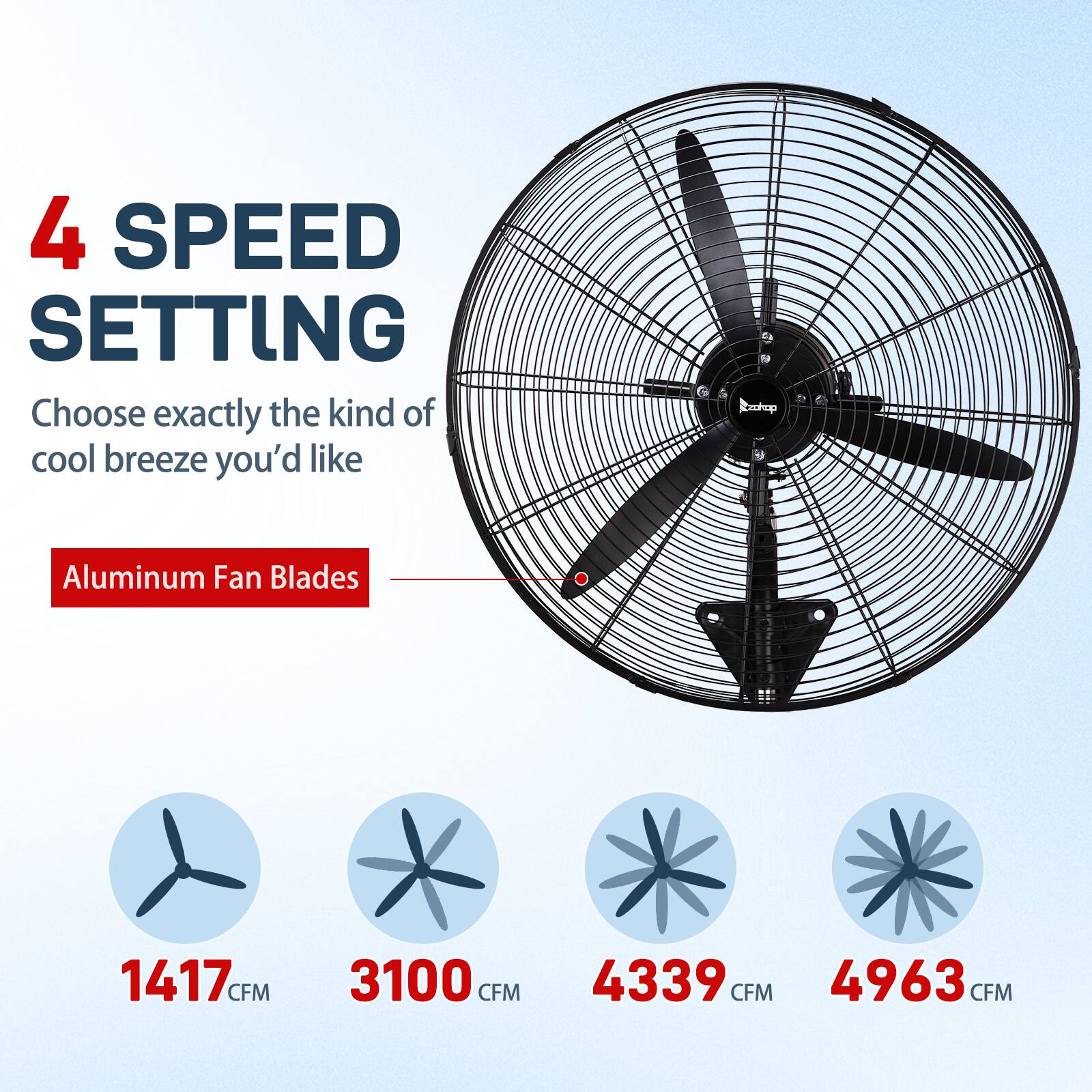 4 SPEED SETTING  
Choose exactly the kind of cool breeze you'd like  

Cookop  
Aluminum Fan Blades  

1417 CFM  
3100 CFM  
4339 CFM  
4963 CFM