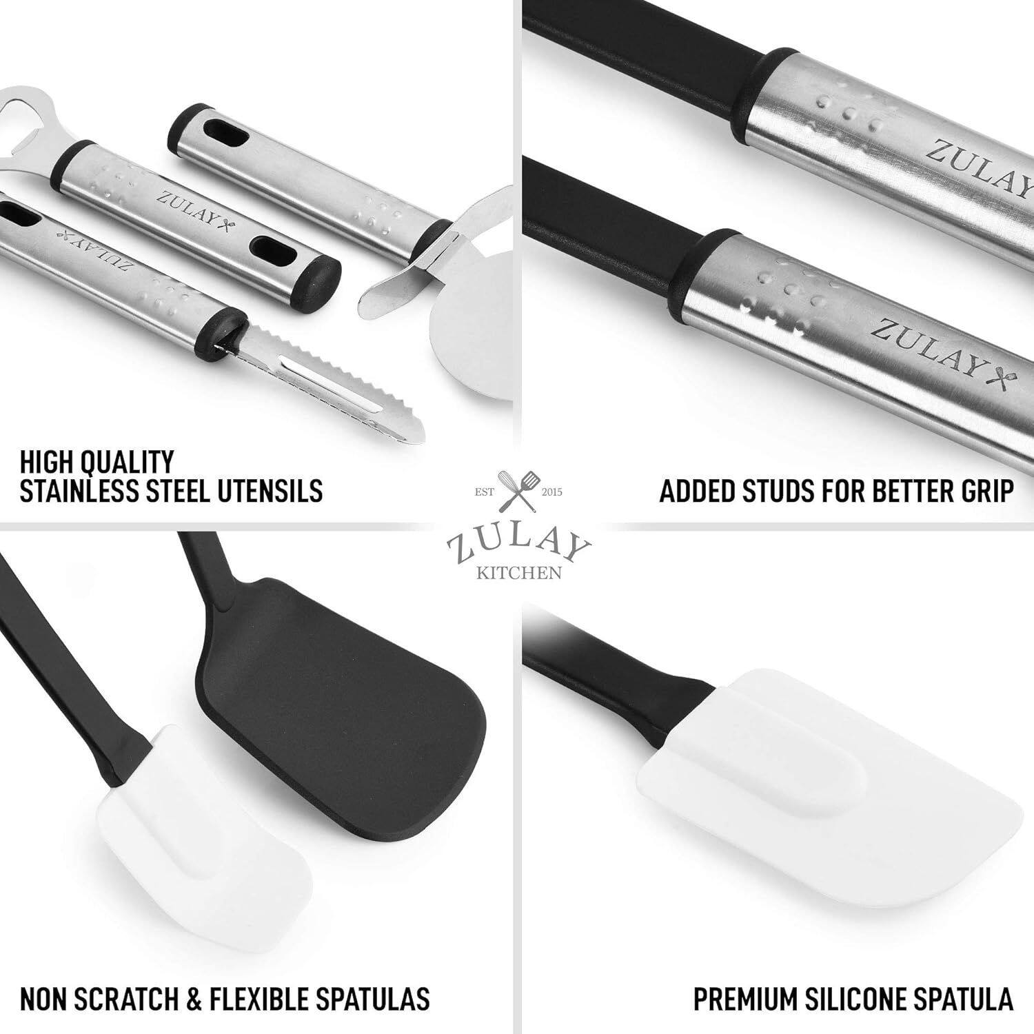 ZULAYX, ZULAY KITCHEN, HIGH QUALITY STAINLESS STEEL UTENSILS, ADDED STUDS FOR BETTER GRIP, NON SCRATCH & FLEXIBLE SPATULAS, PREMIUM SILICONE SPATULA, ZULAY.CO, EST x 2015