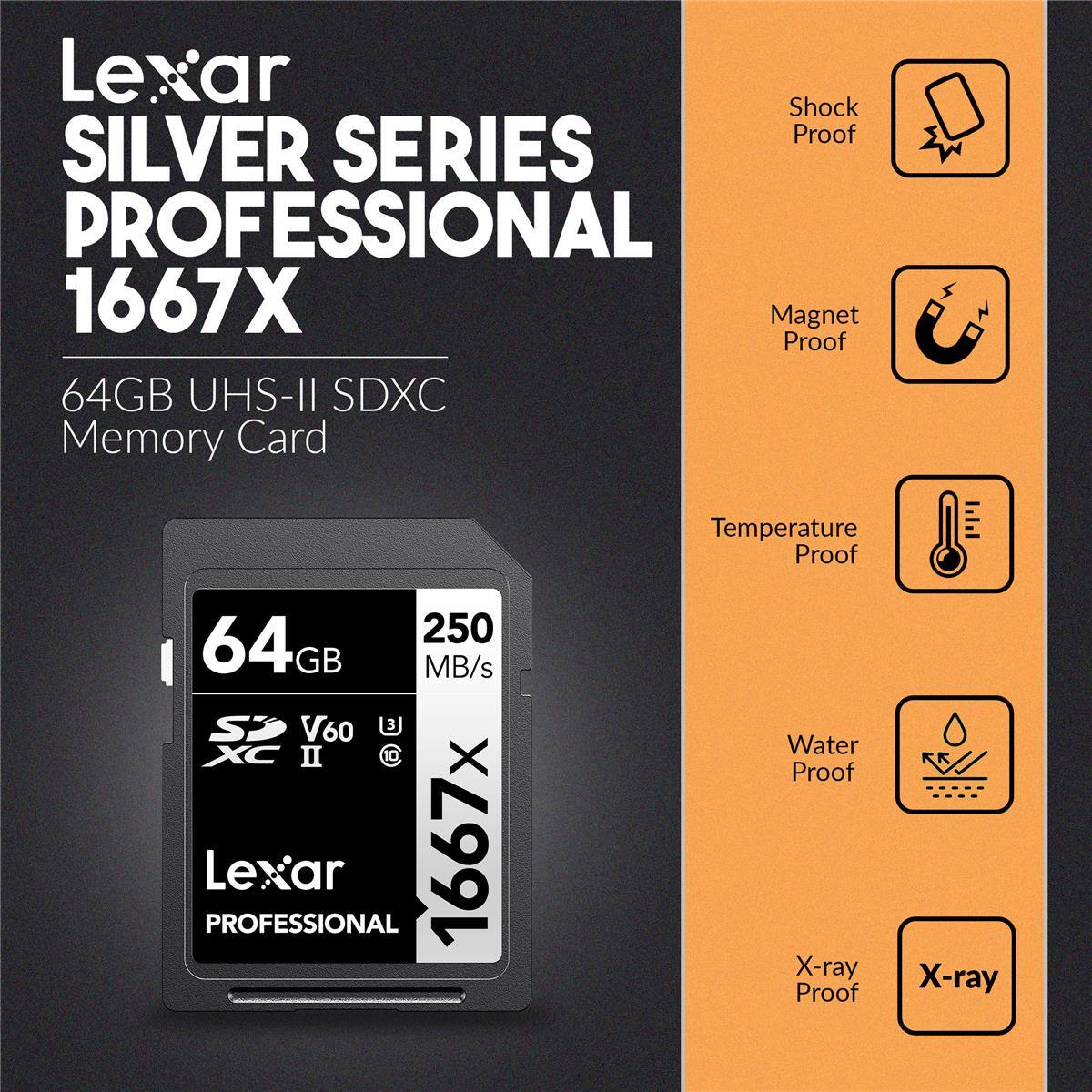 Lexar Silver Series Professional 1667X 64GB UHS-II SDXC Memory Card

Features:
- Shock Proof
- Magnet Proof
- Temperature Proof
- Water Proof
- X-ray Proof

Specifications:
- 250 MB/s
- V60
- XC II