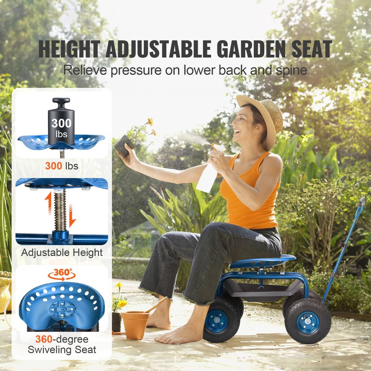 HEIGHT ADJUSTABLE GARDEN SEAT  
Relieve pressure on lower back and spine  
300 lbs  
300 lbs  
Adjustable Height  
360-degree Swiveling Seat