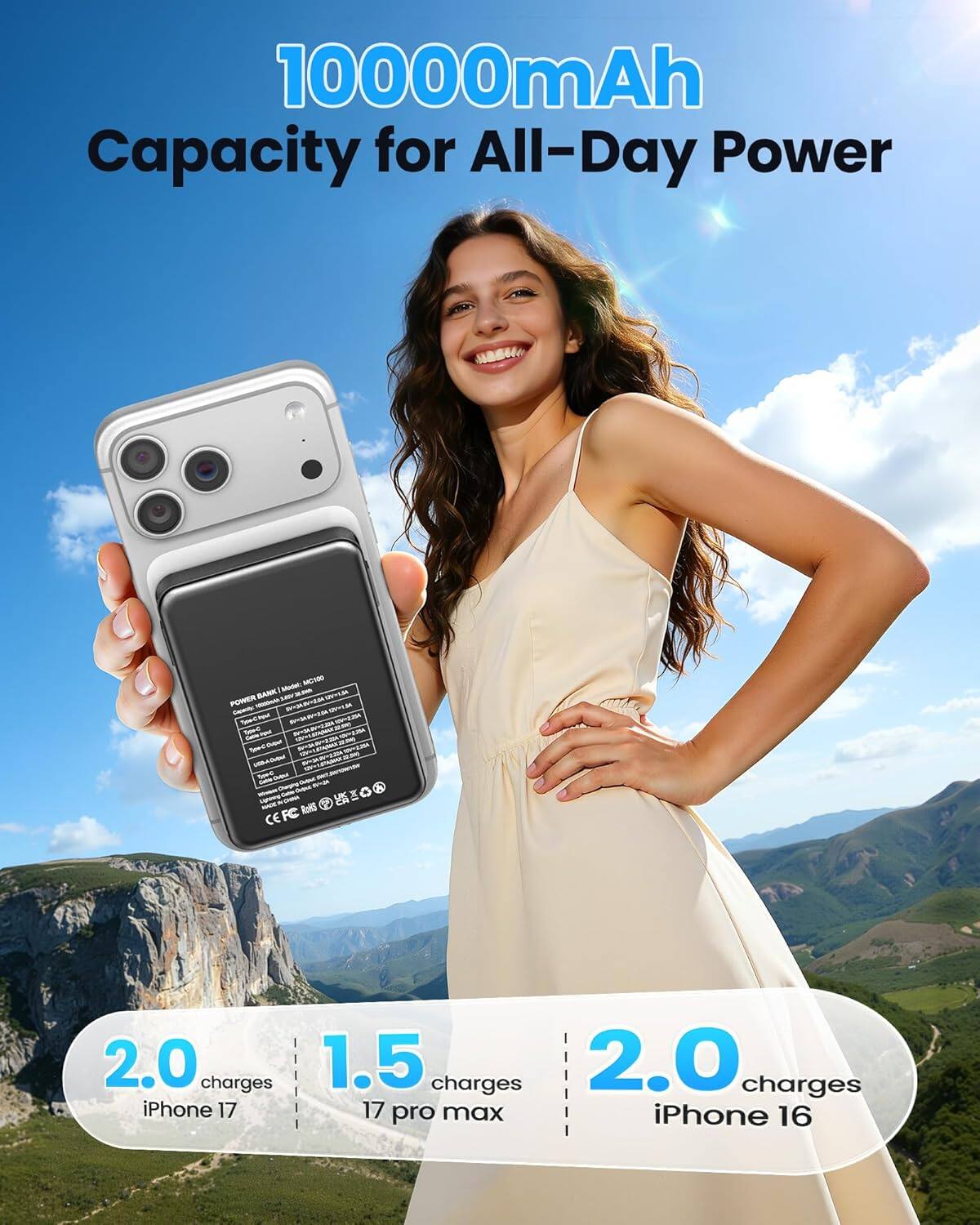 10000mAh Capacity for All-Day Power

I BANK POWER - FC RaKS CE

2.0 charges iPhone 17
1.5 charges 17 pro max
2.0 charges iPhone 16