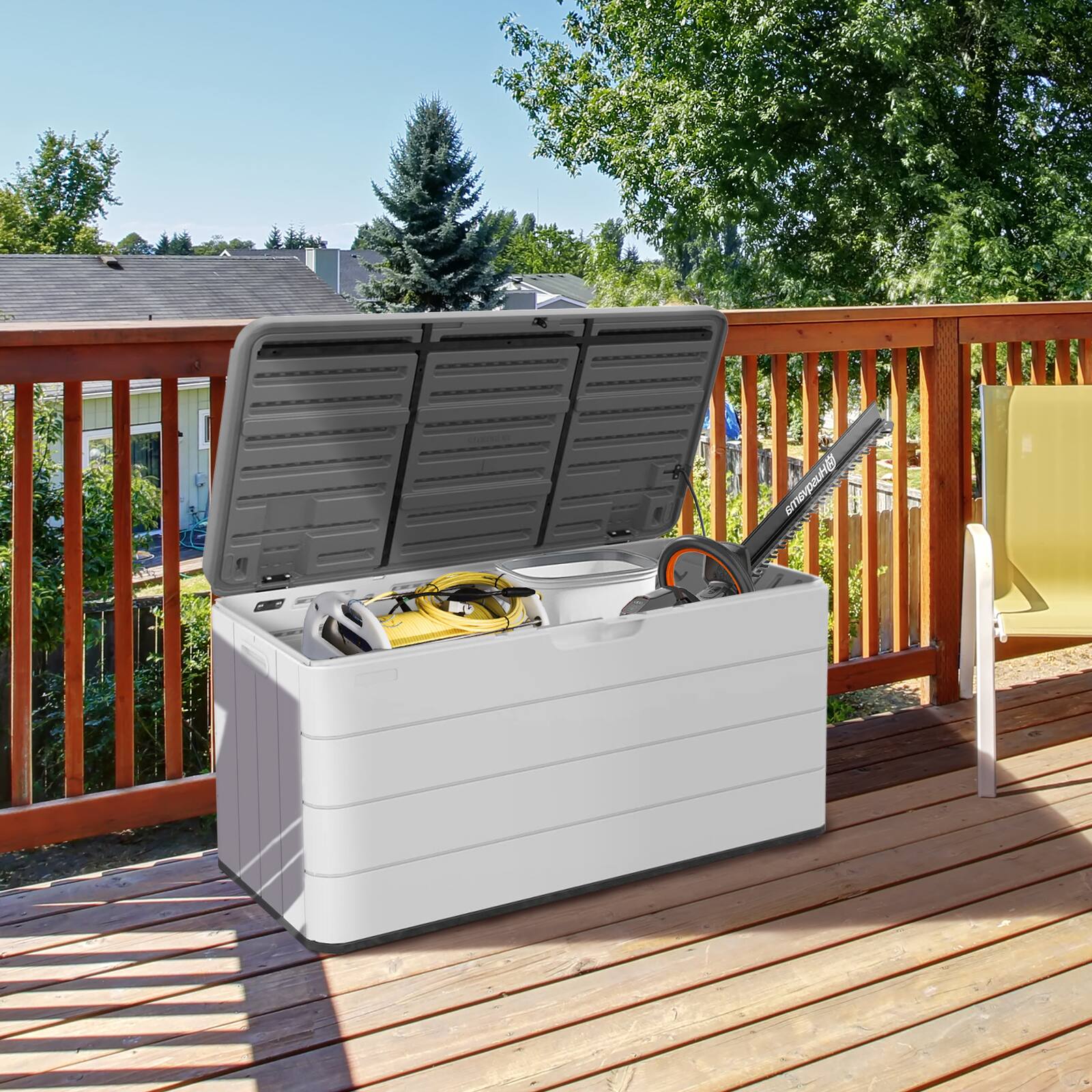Alt View 1. Decksplore - 110 Gallon Deck Box Storage Box, Round Patio Table, Waterproof Outdoor Storage Box for Towels, Patio Furniture - White.