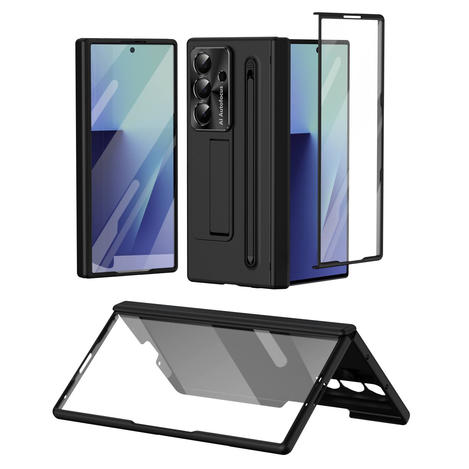 Left. Dteck - Fold Case For Samsung Galaxy Z Fold8 Ultra Built-in Screen Protector+Stylus, Shockproof Kickstand Hinge Protection Cover - Black.