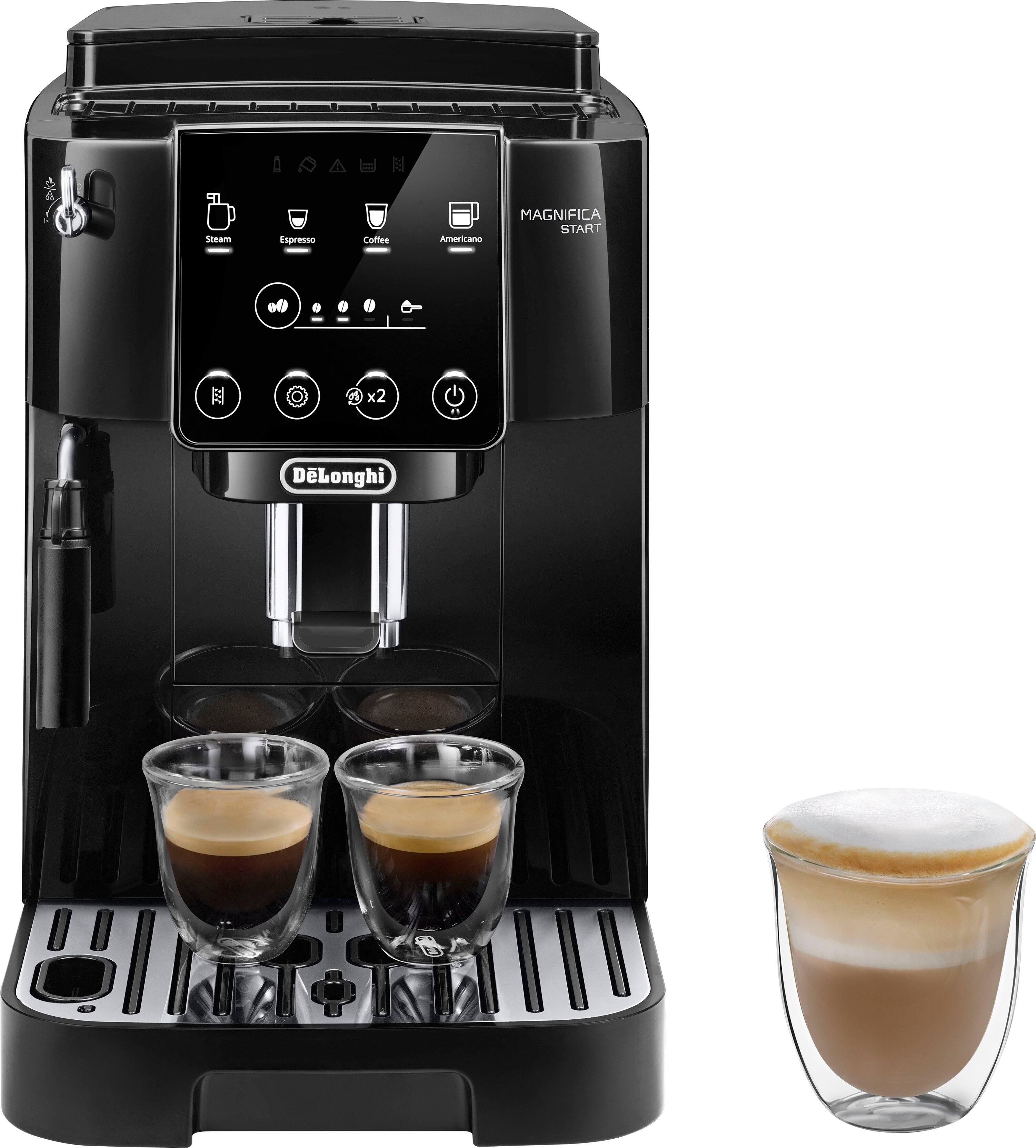 The text on the image reads: "2 ON Soea Espresso Coffee Americano MAGNIFICA START of e 5 x2 DLonghi." This text is likely a description or instructions for using the espresso machine. It suggests that the machine can make two cups of espresso, which can be used to make coffee, Americano, or other espresso-based beverages. The "5 x2" could refer to the number of cups that can be made with the espresso machine, or it could be a reference to the size of the cups. The "DLonghi" brand is likely the manufacturer of the espresso machine.