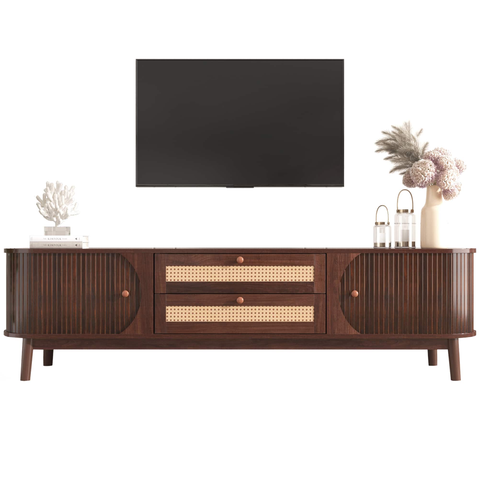 Spaco - Rattan TV Stand for 75 Inch TVs, Modern Farmhouse Console with Solid Wood Legs, for Living Room, Home Theater - Natural Wood+Brown