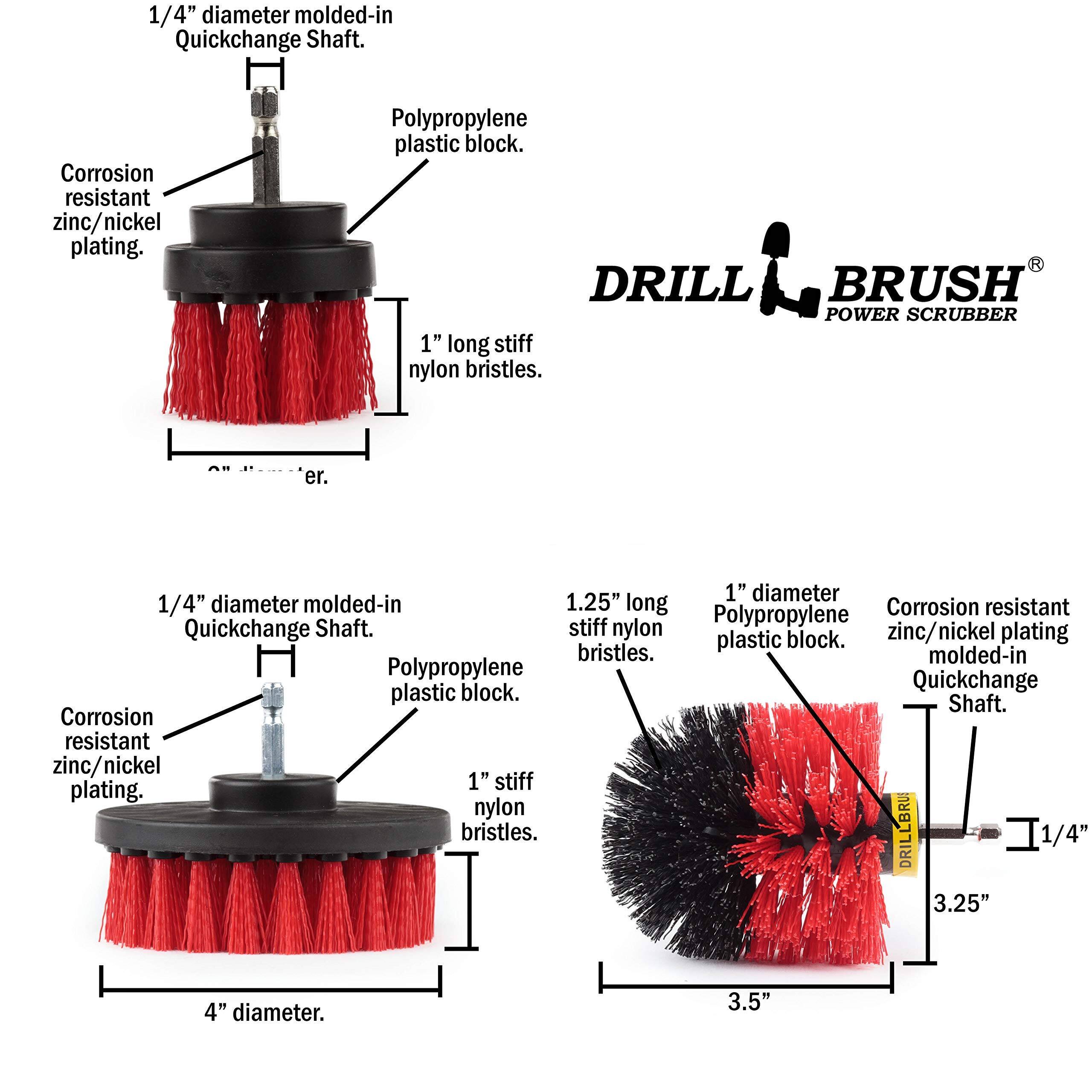 1/4" diameter molded-in Quickchange Shaft. Corrosion resistant zinc/nickel plating. Polypropylene plastic block. DRILL BRUSH POWER SCRUBBER 1" long stiff nylon bristles. 1" diameter 1/4" diameter molded-in 1.25" long Corrosion resistant stiff Polypropylene Quickchange Shaft. nylon zinc/nickel plating plastic block. bristles. molded-in Polypropylene block. Quickchange plastic Shaft. Corrosion resistant zinc/nickel 1" stiff plating. nylon bristles. DRILLBRU 1/4" 3.25" 4" diameter. 3.5"