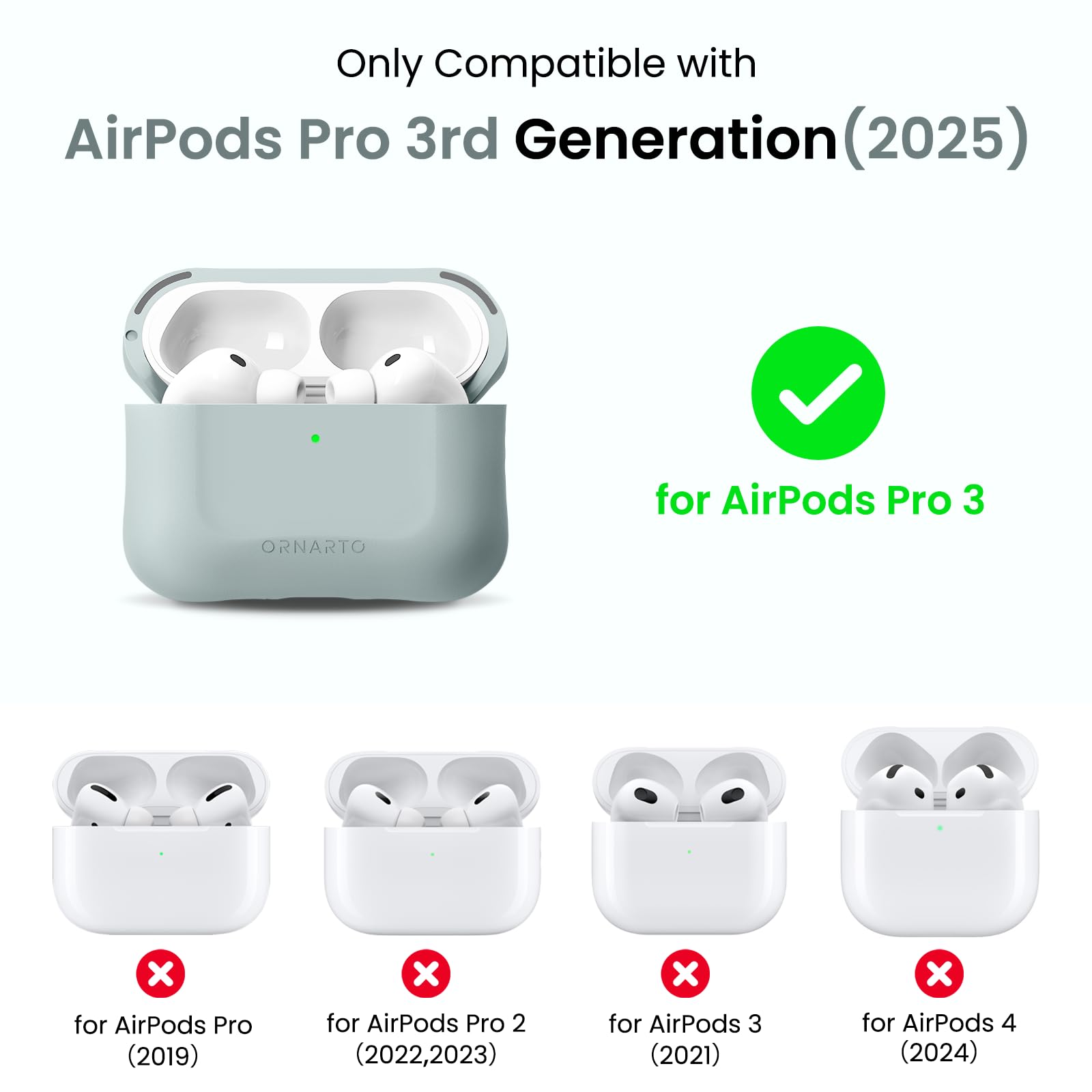 Only Compatible with AirPods Pro 3rd Generation (2025)  
ORNARTO for AirPods Pro 3  
for AirPods Pro (2019)  
for AirPods Pro 2 (2022, 2023)  
for AirPods 3 (2021)  
for AirPods 4 (2024)