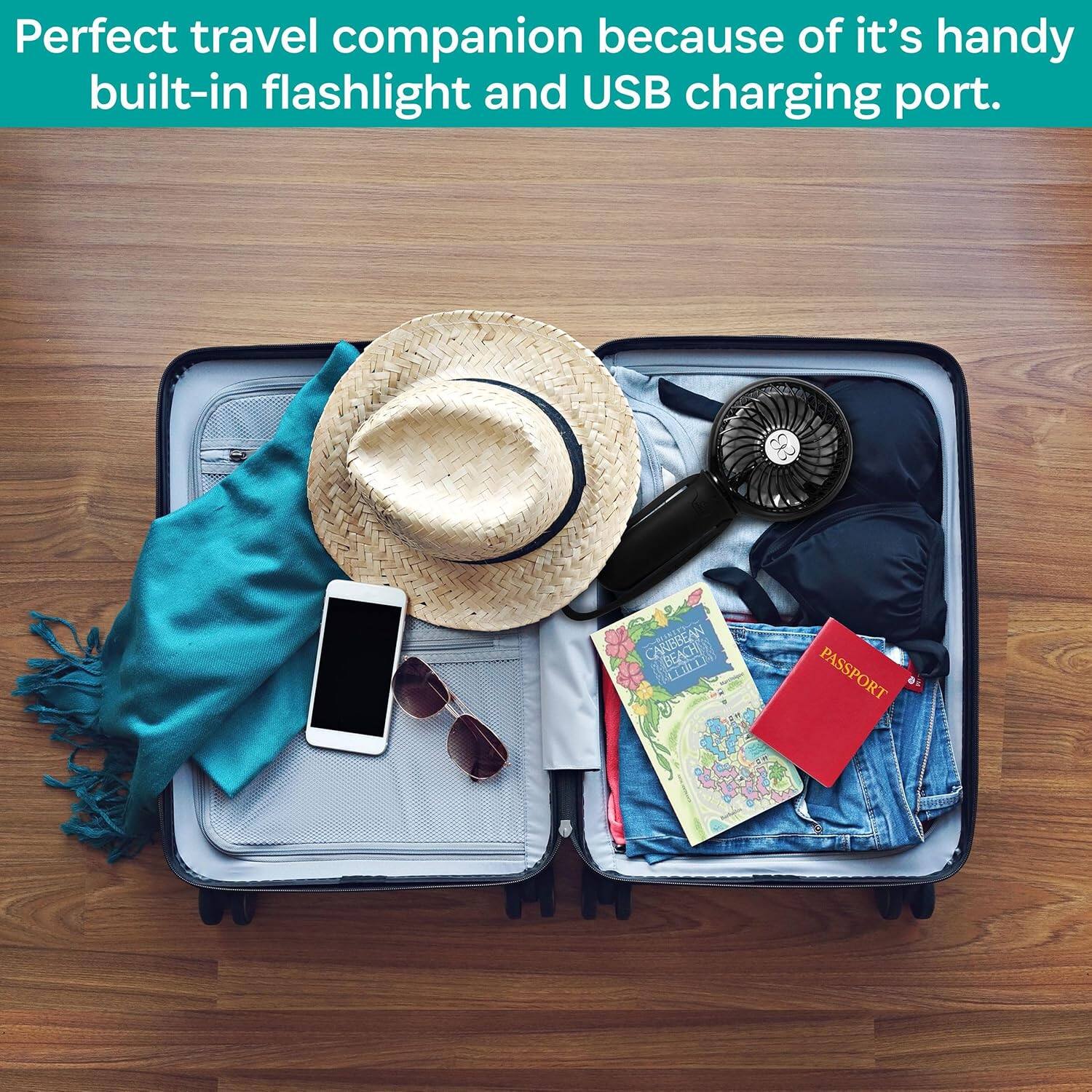 Perfect travel companion because of its handy built-in flashlight and USB charging port.