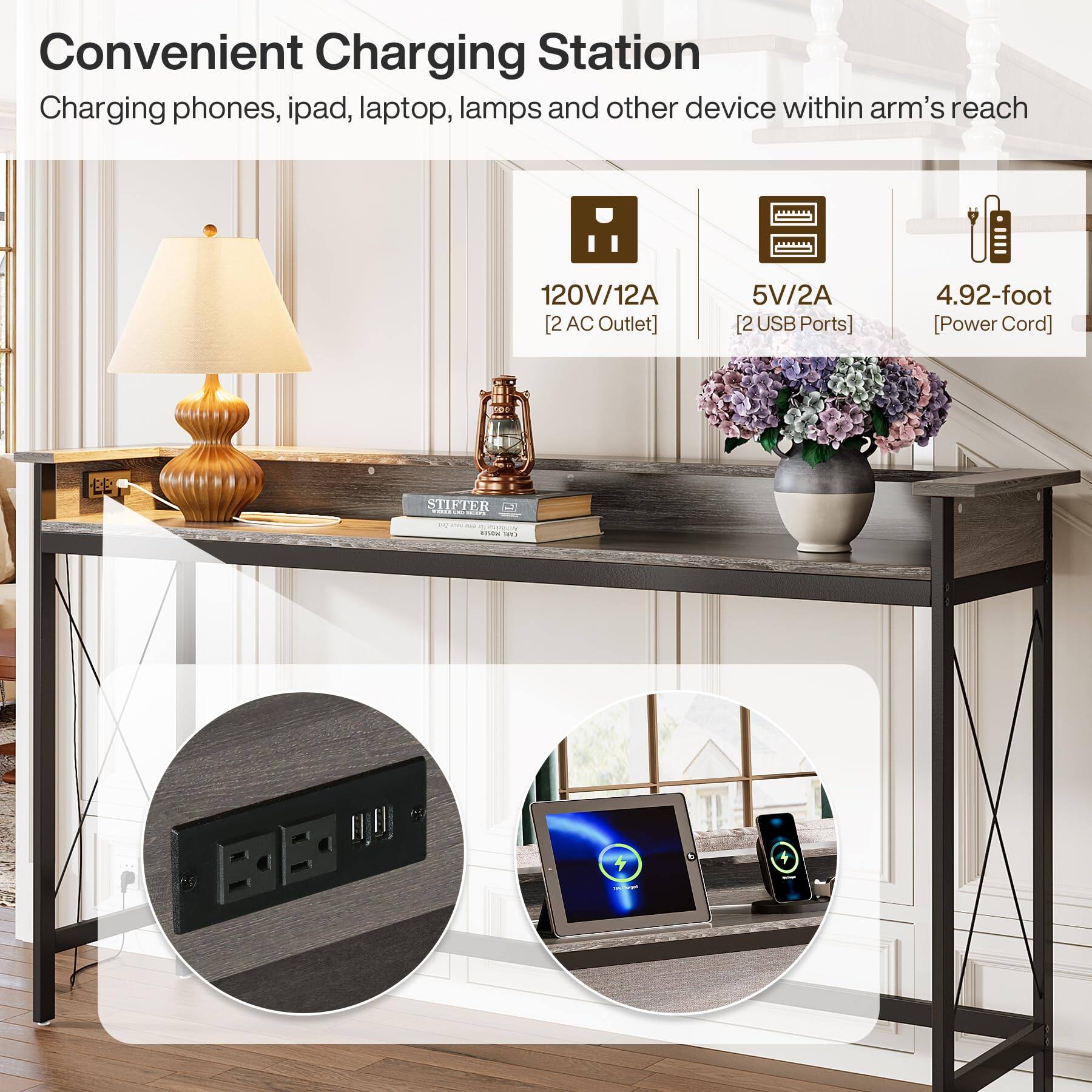 Convenient Charging Station  
Charging phones, ipad, laptop, lamps and other device within arm's reach

120V/12A [2 AC Outlet]  
5V/2A [2 USB Ports]  
4.92-foot [Power Cord]