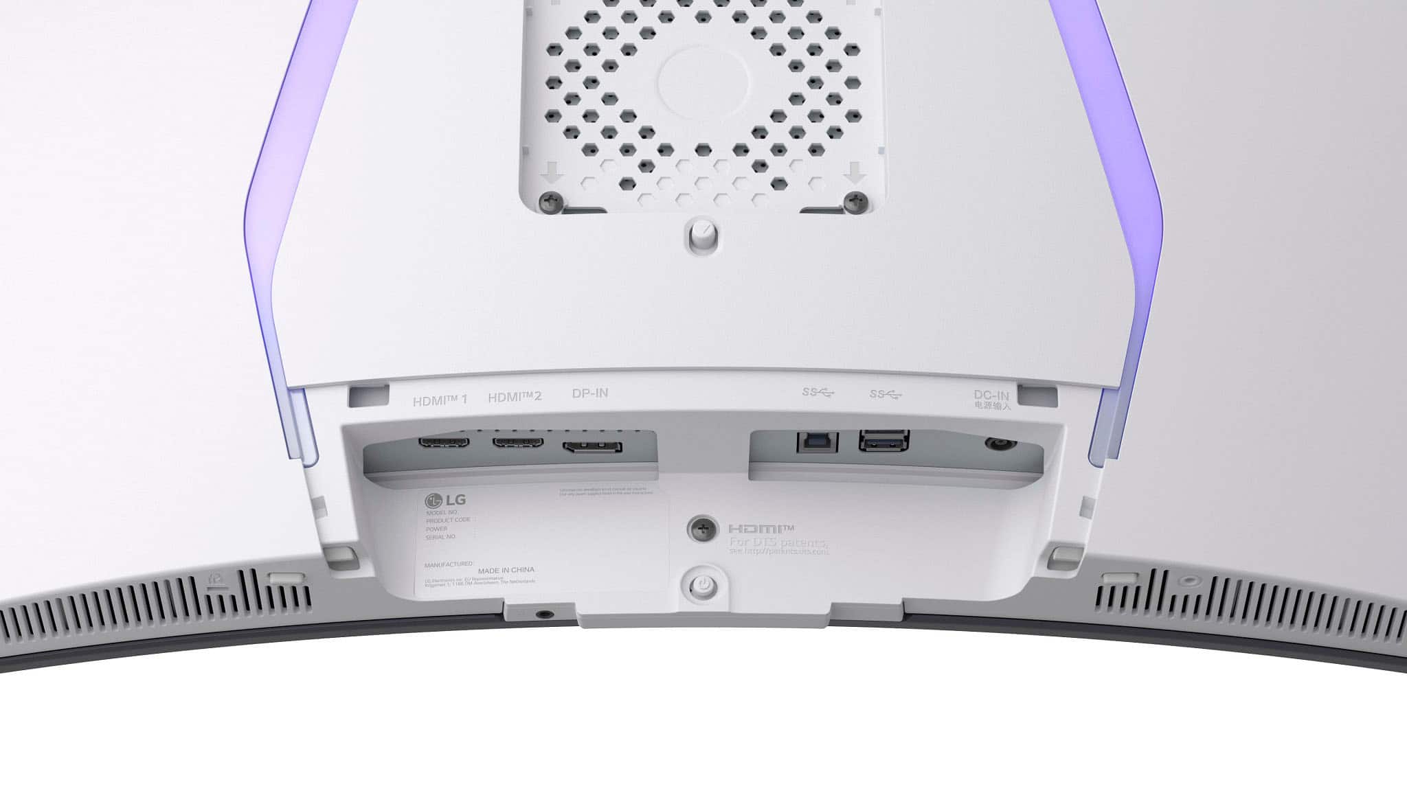 The text on the image reads: "HDMI 1 HDMI 2 DP-IN SS4 SS4 DC-IN LG SXEL - PESIL COE POWER SERAL N Ma FACTURED MADE n CHINA HOMI For DTS patents, <http://peknes.dt.com>."