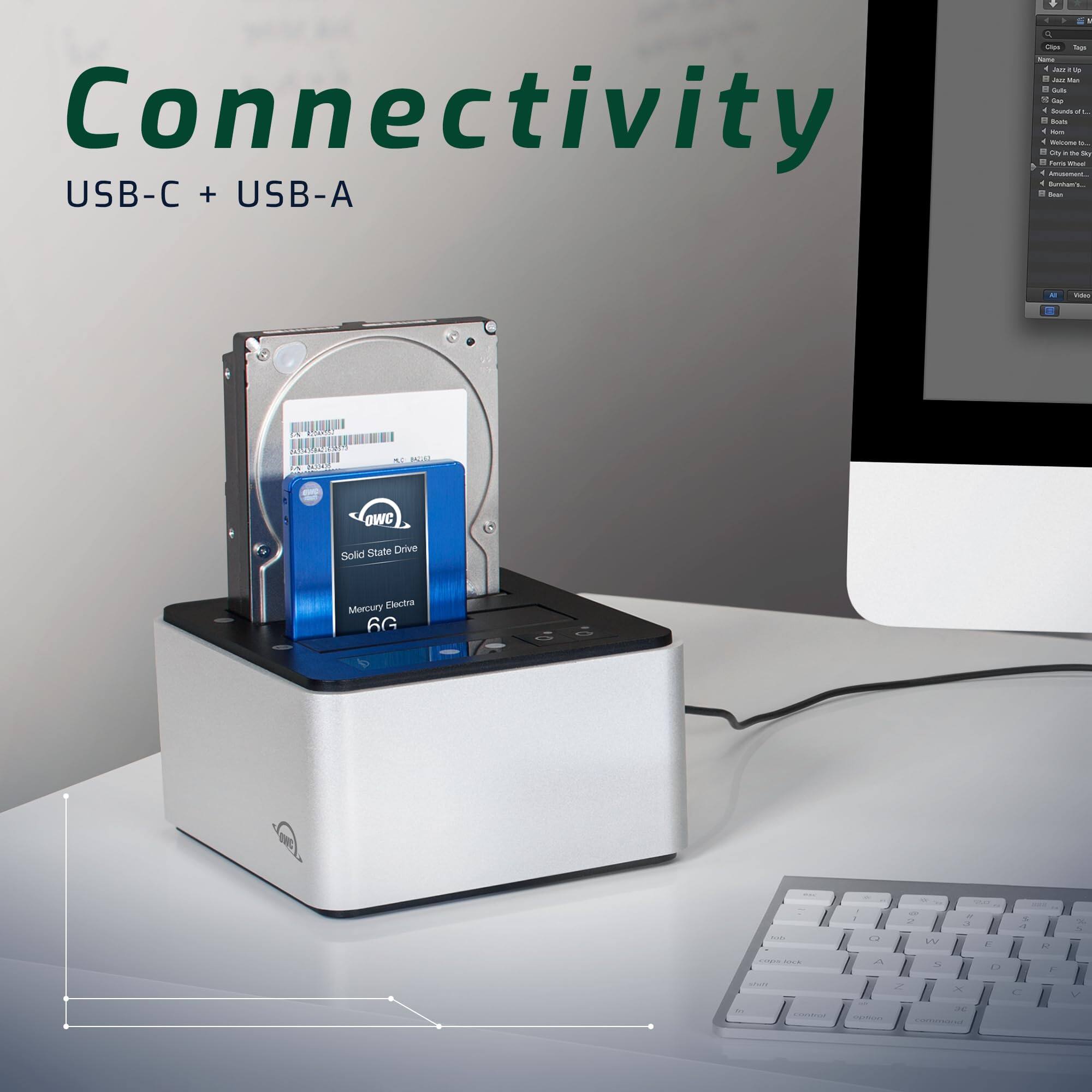 Connectivity  
USB-C + USB-A  

Solid State Drive  
Mercury Electra 6G
