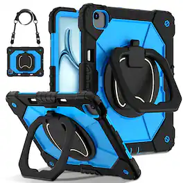 Dteck - Case for Apple iPad Air 11-inch M4 (2026)/M3 (2025) / M2 (2024), 3-Layer Rugged Kickstand Handle Grip Cover+Strap - Black Blue