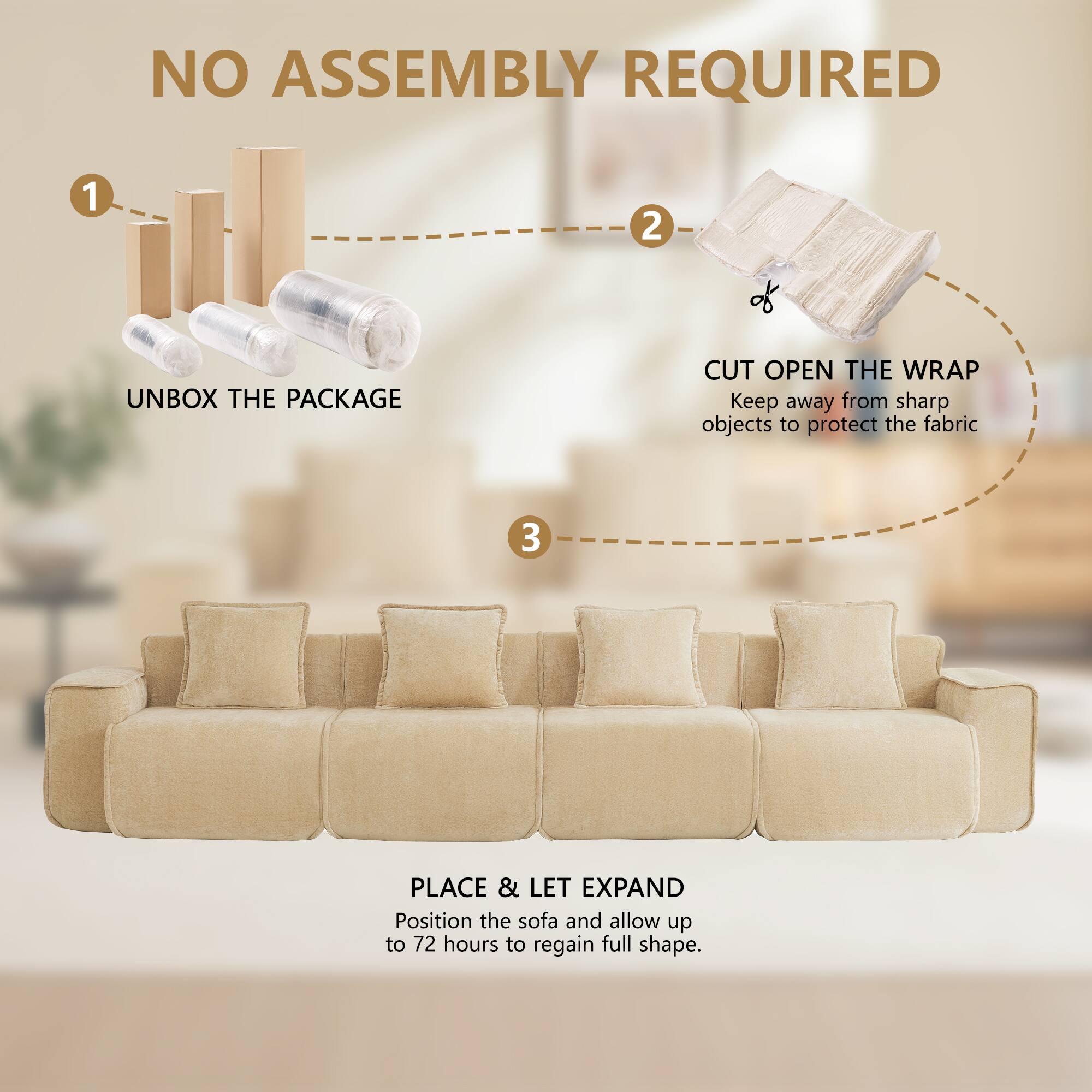 NO ASSEMBLY REQUIRED

1. UNBOX THE PACKAGE
2. CUT OPEN THE WRAP
   Keep away from sharp objects to protect the fabric
3. PLACE & LET EXPAND
   Position the sofa and allow up to 72 hours to regain full shape.