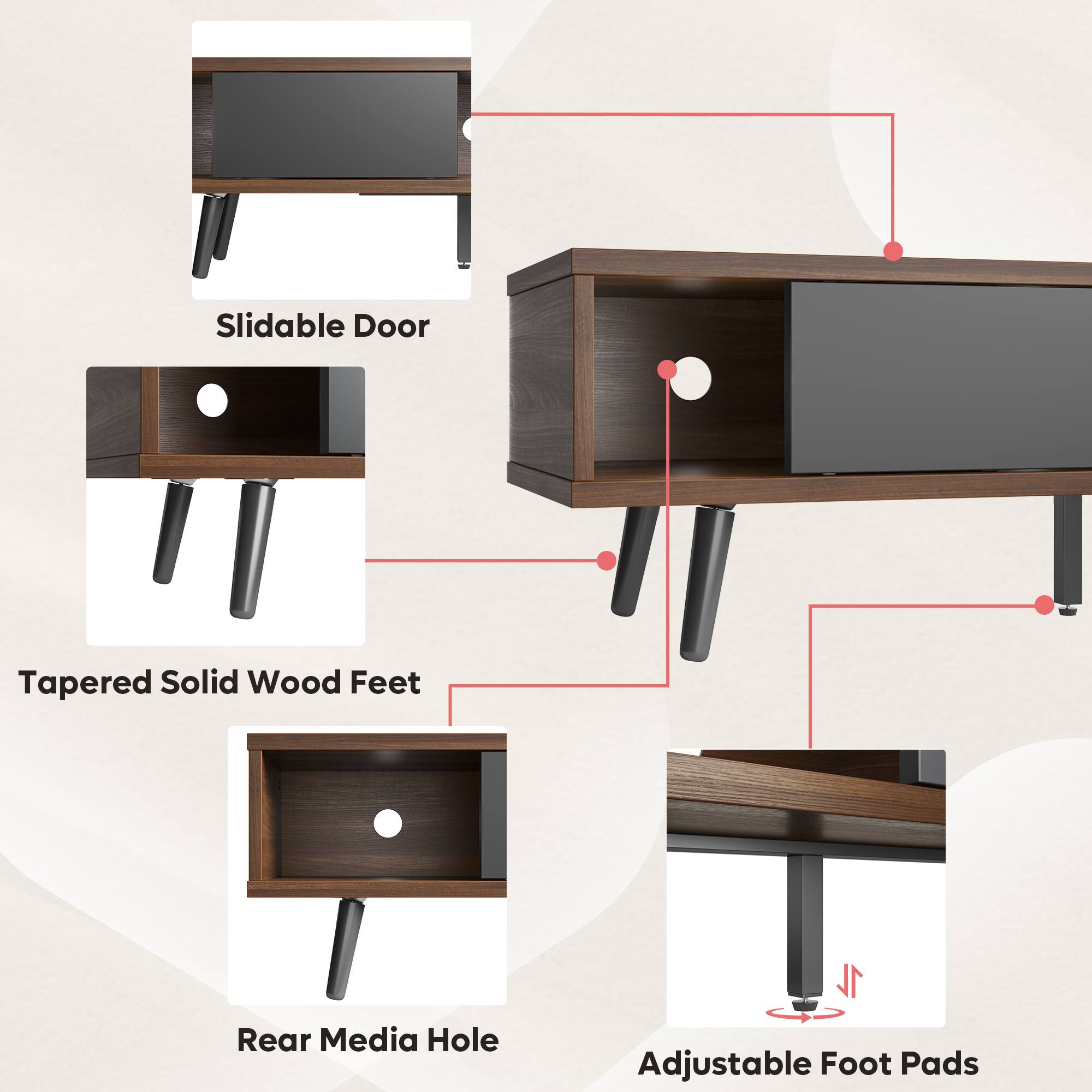 The text on the image is grouped and corrected as follows:

1. Slidable Door
2. Tapered Solid Wood Feet
3. Rear Media Hole
4. 1L Adjustable Foot Pads