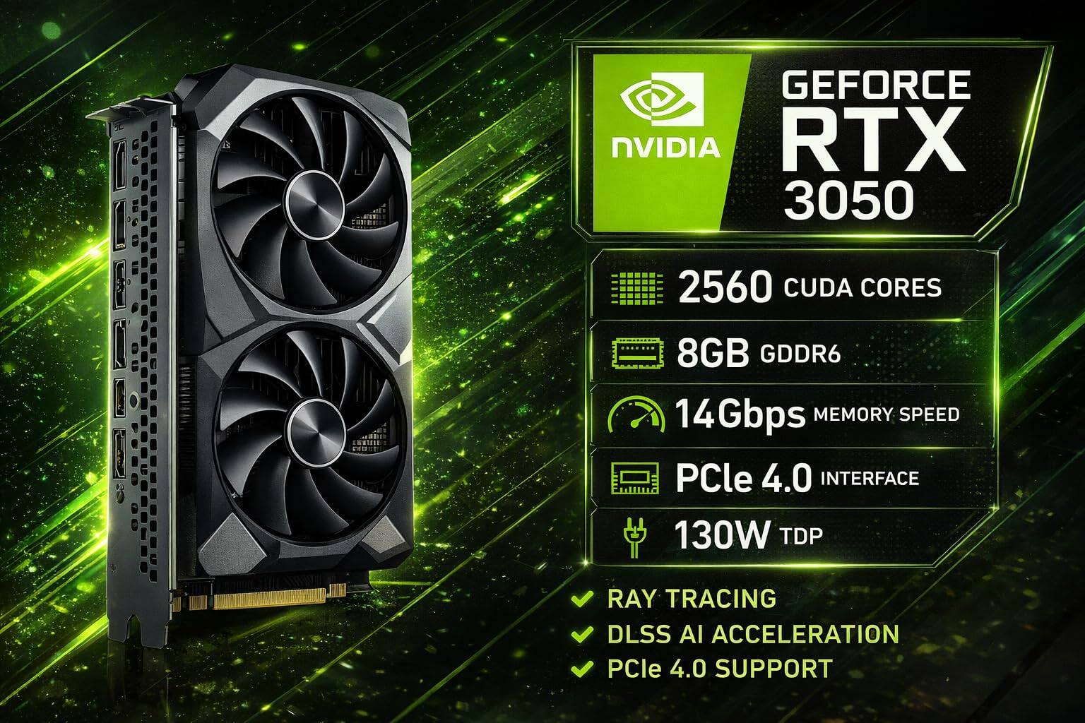 GEFORCE NVIDIA RTX 3050  
2560 CUDA CORES  
8GB GDDR6  
14Gbps MEMORY SPEED  
PCIe 4.0 INTERFACE  
130W TDP  
RAY TRACING  
DLSS AI ACCELERATION  
PCIe 4.0 SUPPORT