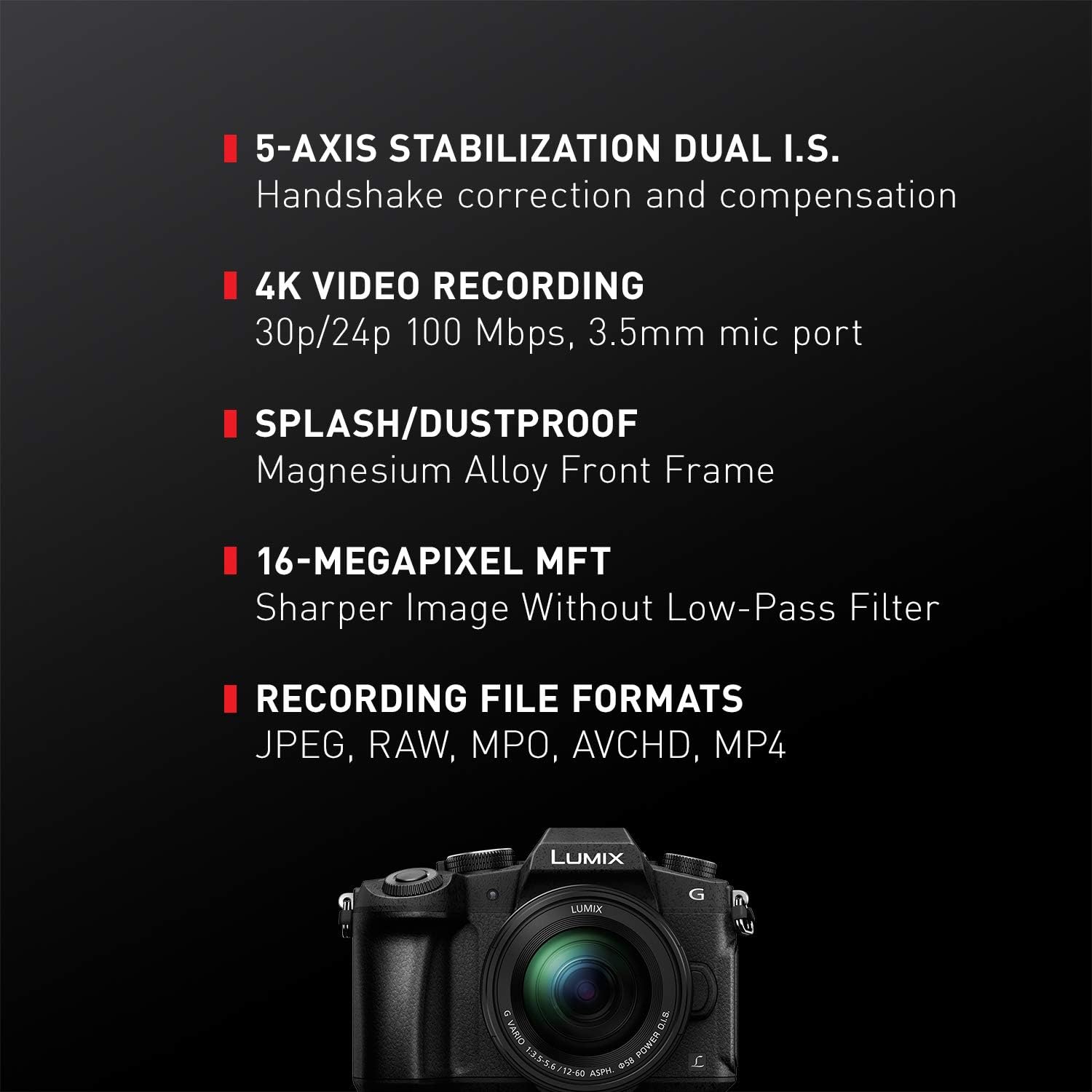 5-AXIS STABILIZATION DUAL I.S.  
Handshake correction and compensation  

4K VIDEO RECORDING  
30p/24p 100 Mbps, 3.5mm mic port  

SPLASH/DUSTPROOF  
Magnesium Alloy Front Frame  

16-MEGAPIXEL MFT  
Sharper Image Without Low-Pass Filter  

RECORDING FILE FORMATS  
JPEG, RAW, MPO, AVCHD, MP4  

LUMIX LUMIX G t VARIO CLE Power 155/-60 5 AUPH L