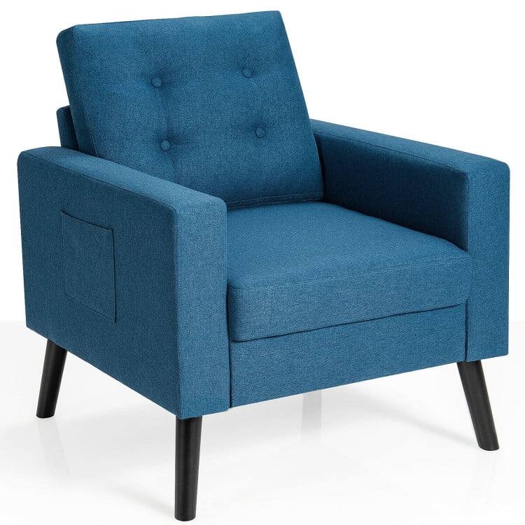 Alt View 2. Kadyn - Mid-Century Upholstered Armchair Club Chair with Rubber Wood Legs, Fabric Lazy Chair Large Accent Chair - Blue.