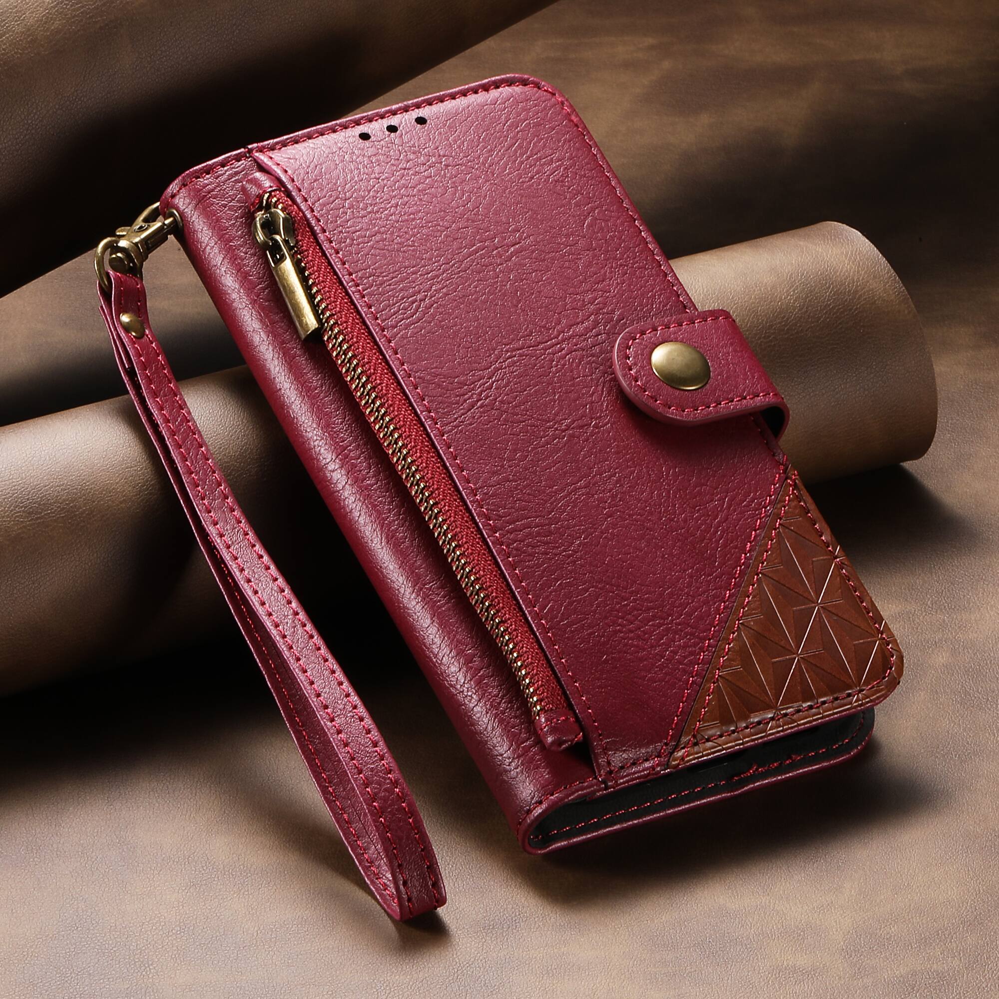 Left. Dteck - For Apple iPhone 17 Wallet Case Business Shockproof PU Leather Flip Kickstand Zipper Card Pocket Cover+Strap - Red.