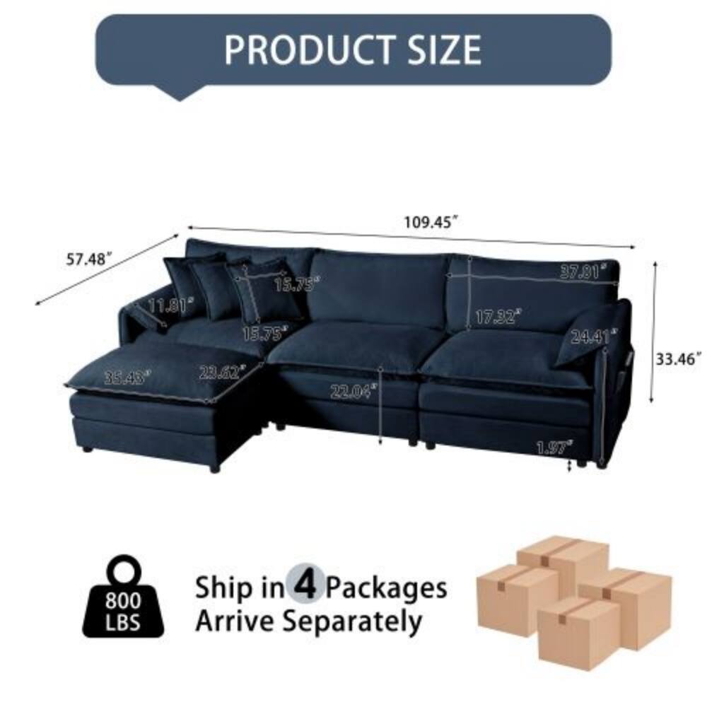 PRODUCT SIZE  
109.45" x 57.48" x 15.75"  
11.81" x 15.75" x 35.48"  
23.62" x 22.08" x 17.32"  
37.81" x 24.41" x 33.46"  
1.97"  
800 LBS  
Ship in 4 Packages  
Arrive Separately