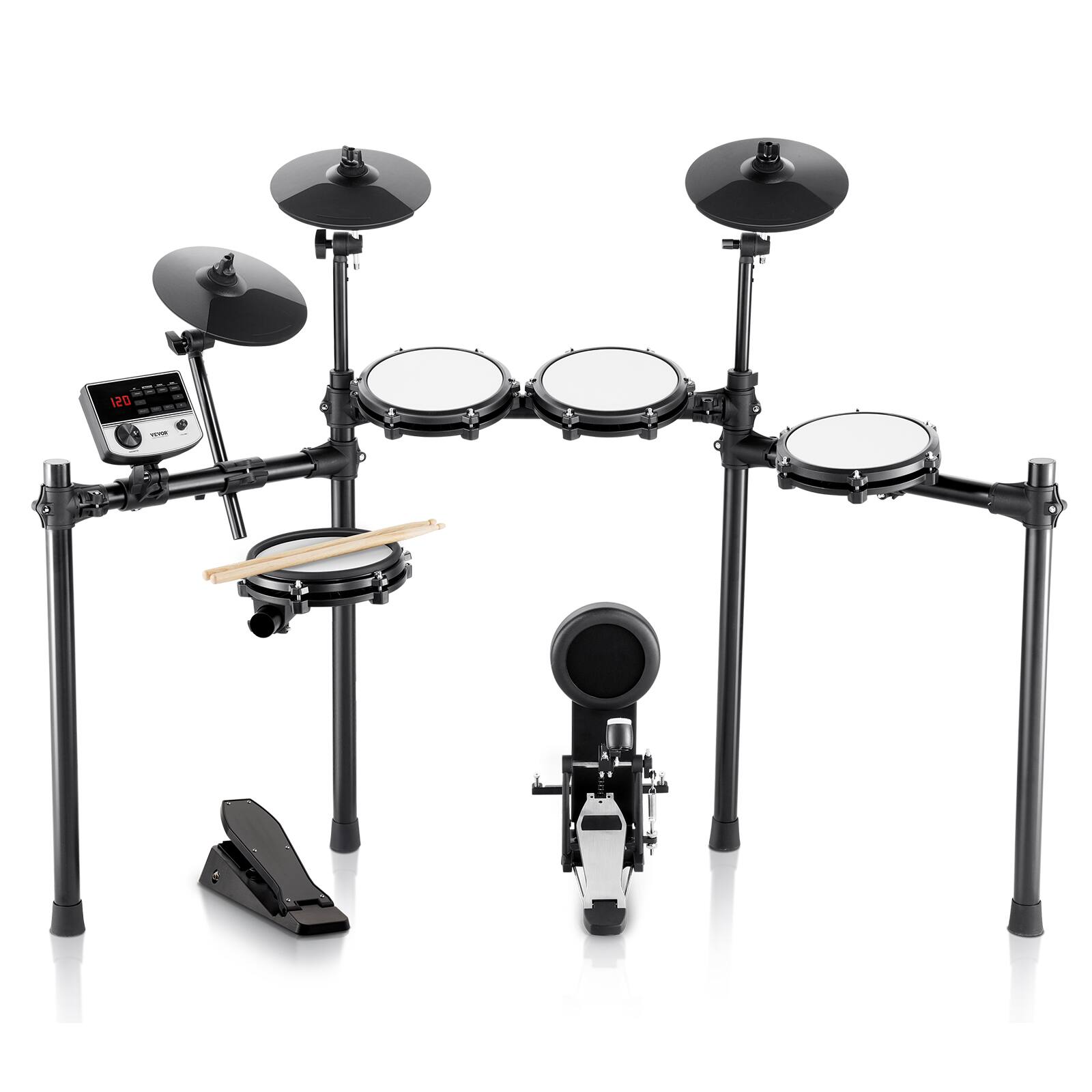 Front. VEVOR - Electric Drum Set, 32 Drum Kits & 480 Sounds Electronic Drum Kit, USB MIDI Supported 8 in Quiet Mesh - Black.