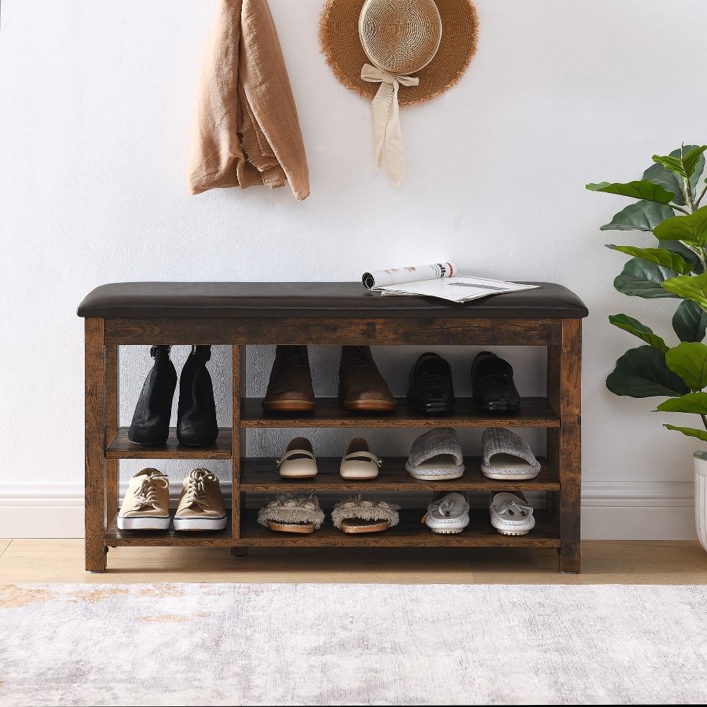 Ropilly - Rubberwood Shoe Changing Bench Entryway Storage Bench with PU Leather Seat - Vintage price history on PriceWatchPro