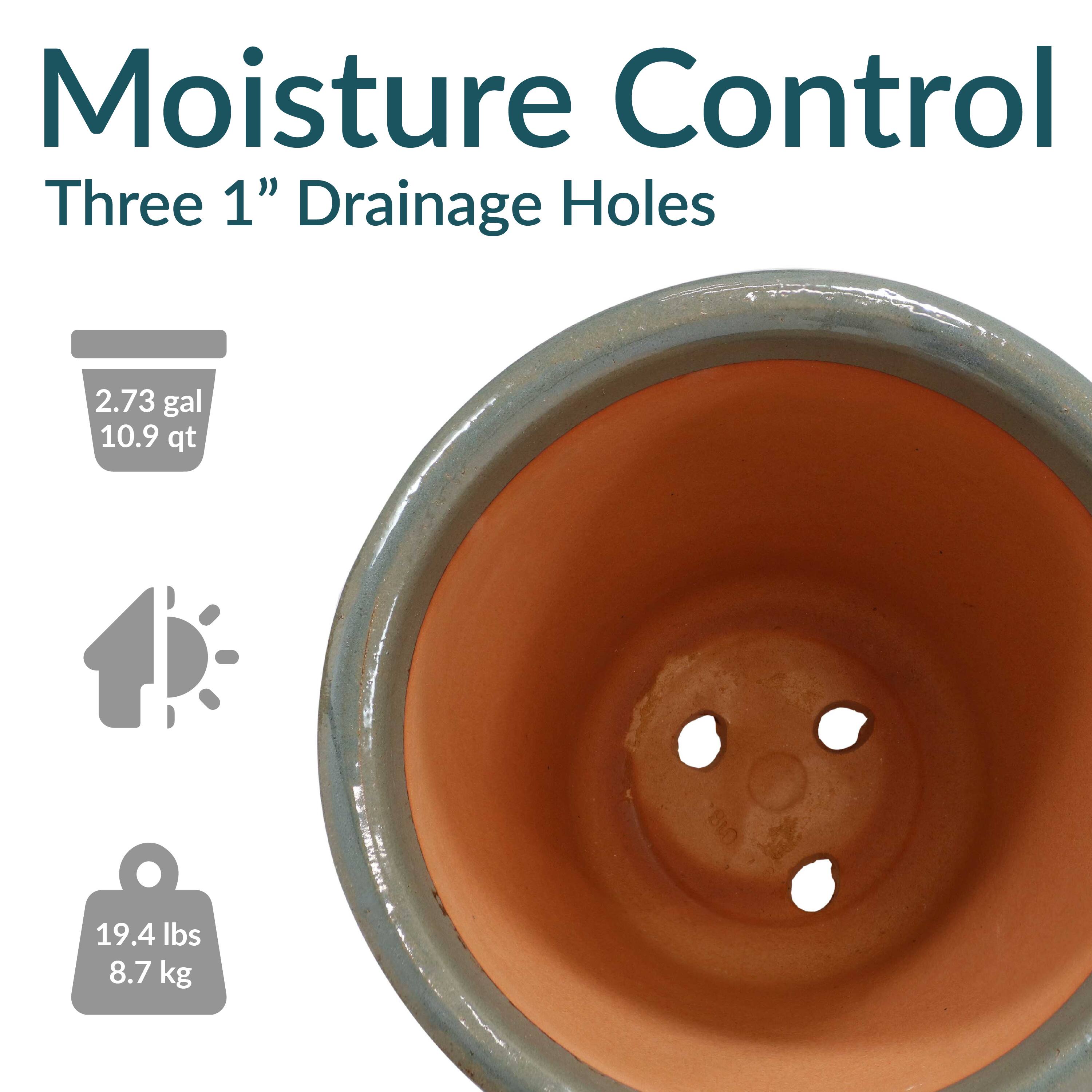 Moisture Control  
Three 1" Drainage Holes  

2.73 gal  
10.9 qt  

19.4 lbs  
8.7 kg