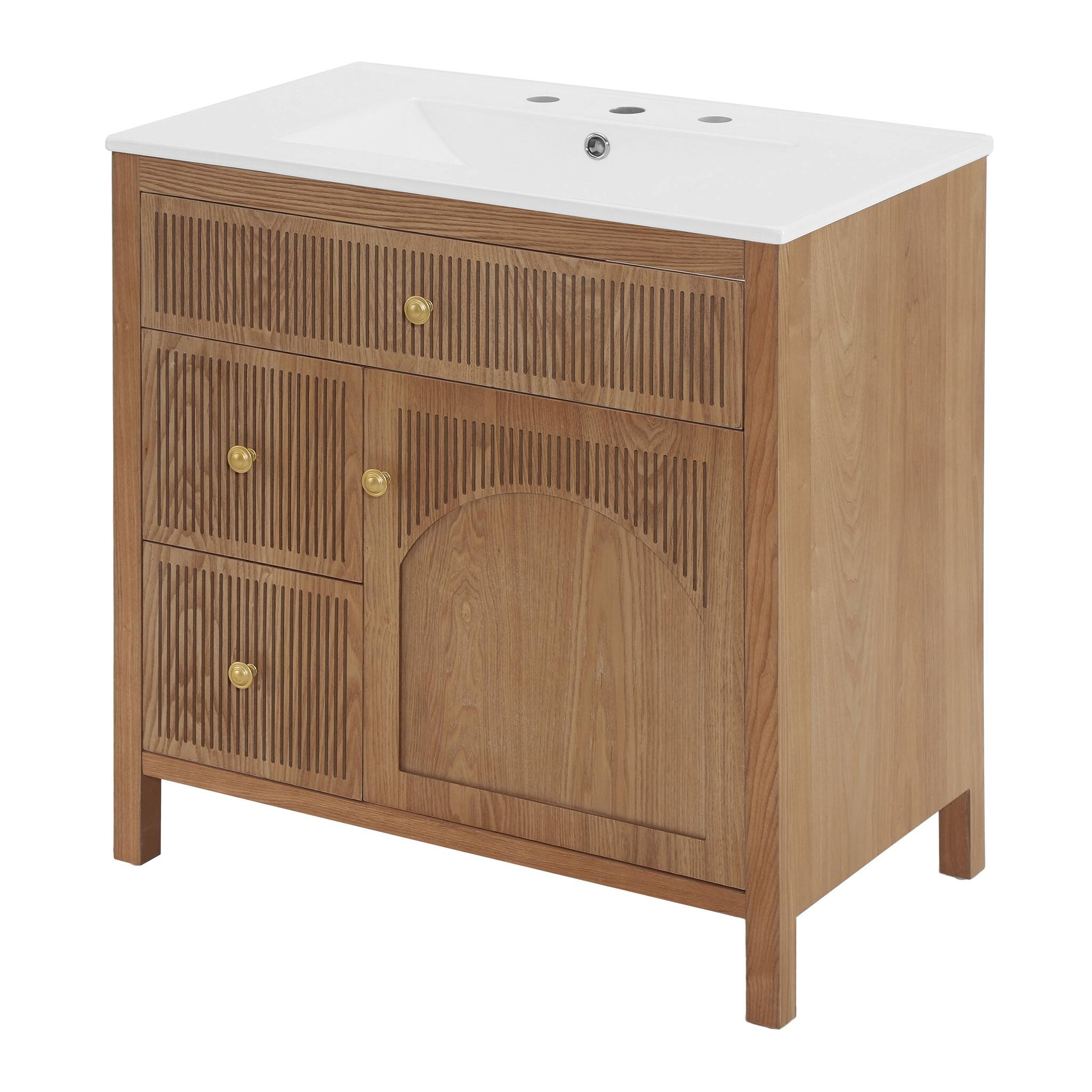 Back. JUJABU - 30 Inch Freestanding Farmhouse Bathroom Vanity with Integrated White Ceramic Sink Top and Soft Close Doors - Natural.