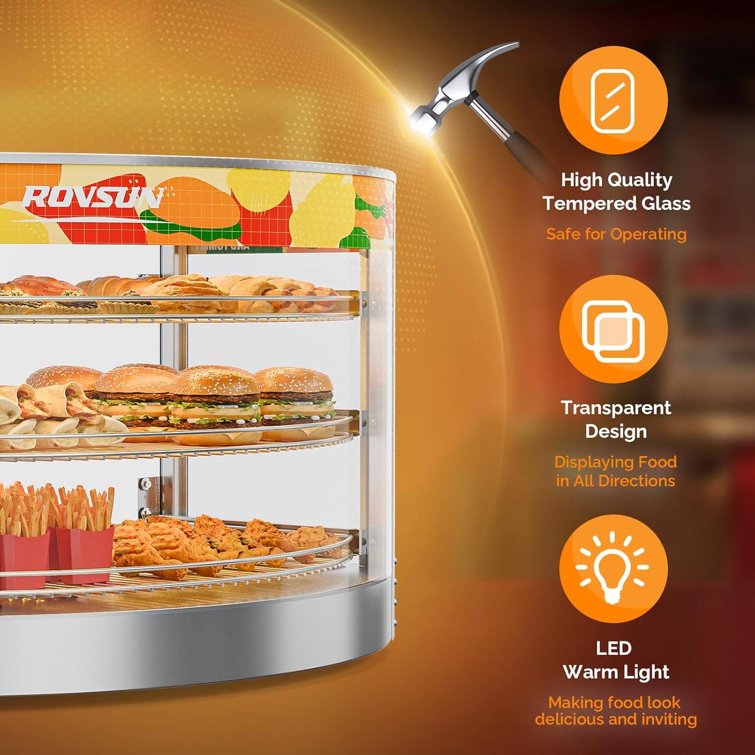 - High Quality Tempered Glass
- Safe for Operating
- Transparent Design
- Displaying Food in All Directions
- LED Warm Light
- Making food look delicious and inviting